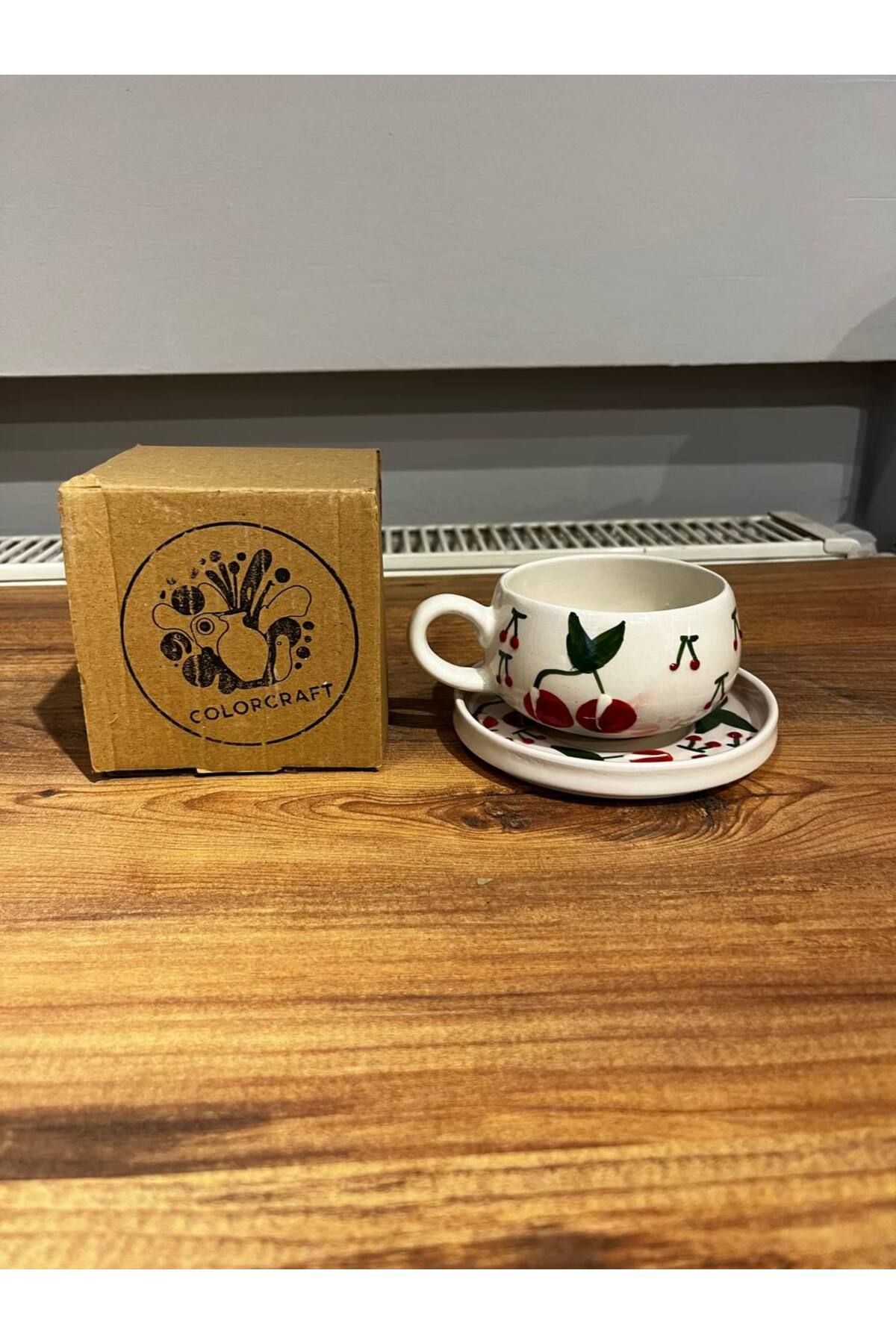 ColorCraft Büyük Kiraz Desenli Tabaklı Seramik Kupa, Mug, Double Türk Kahvesi Filtre kahve