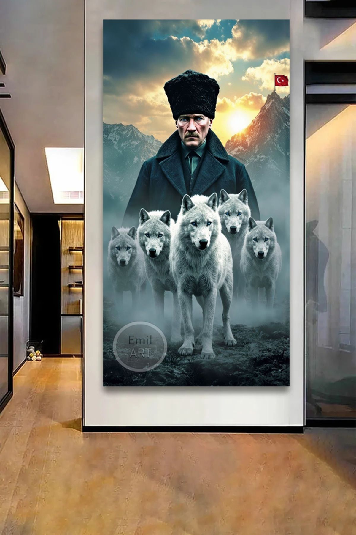 EMİLART Özel Tasarım Atatürk Kurtlar Türk Bayrağı Ülkü Bozkurt HD Kalite Kanvas Tablo