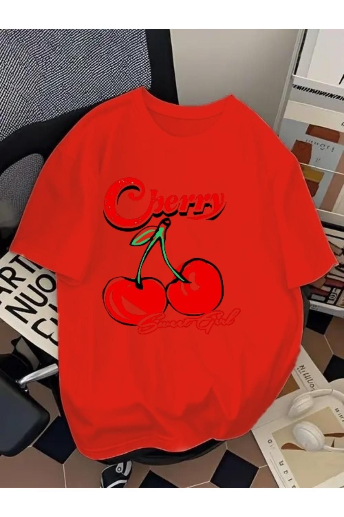 EQİ Cherry Baskılı Oversize T-Shirt