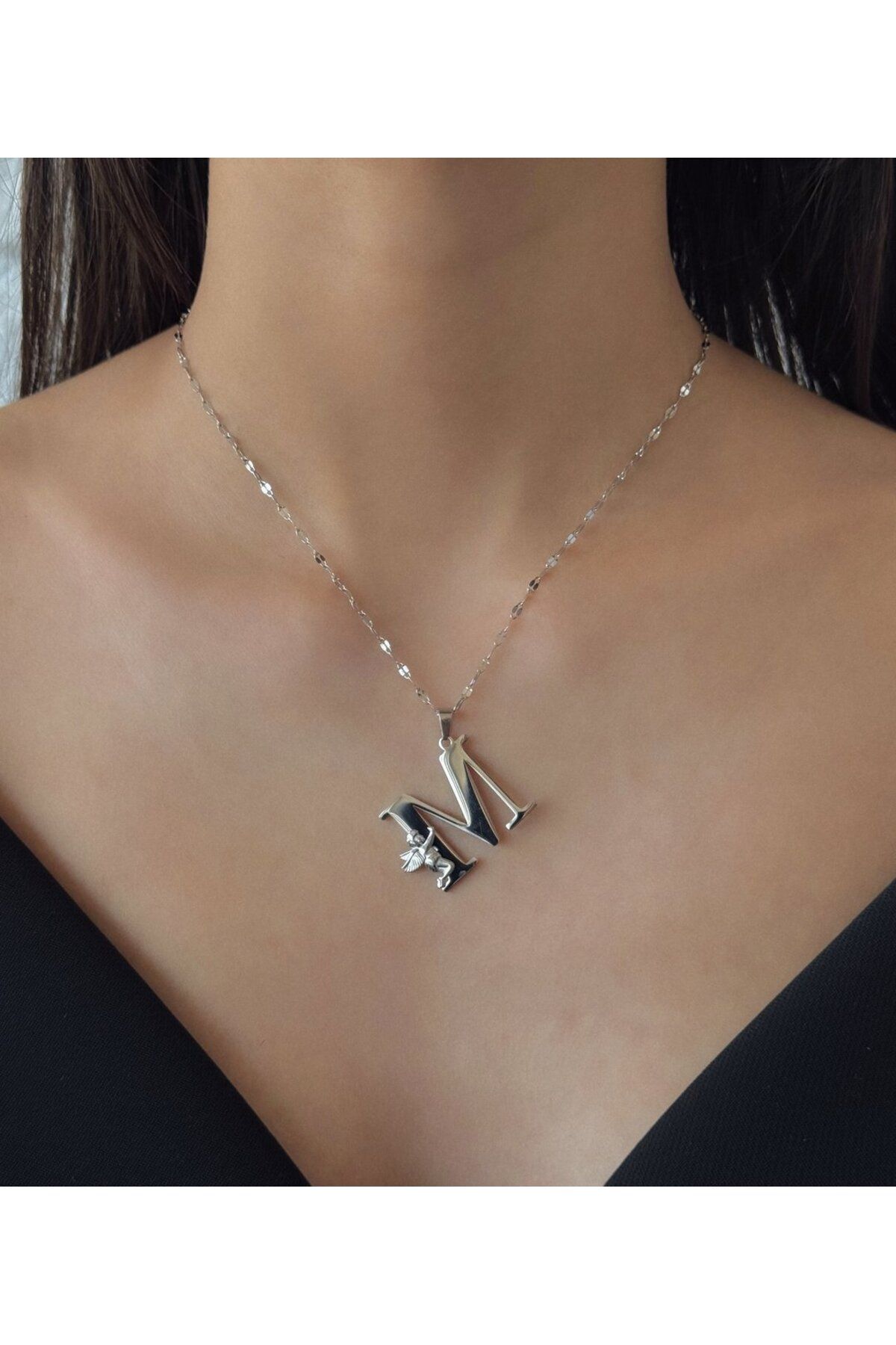 h&b design jewel Çelik Melek Detaylı Silver M Harfli Kolye