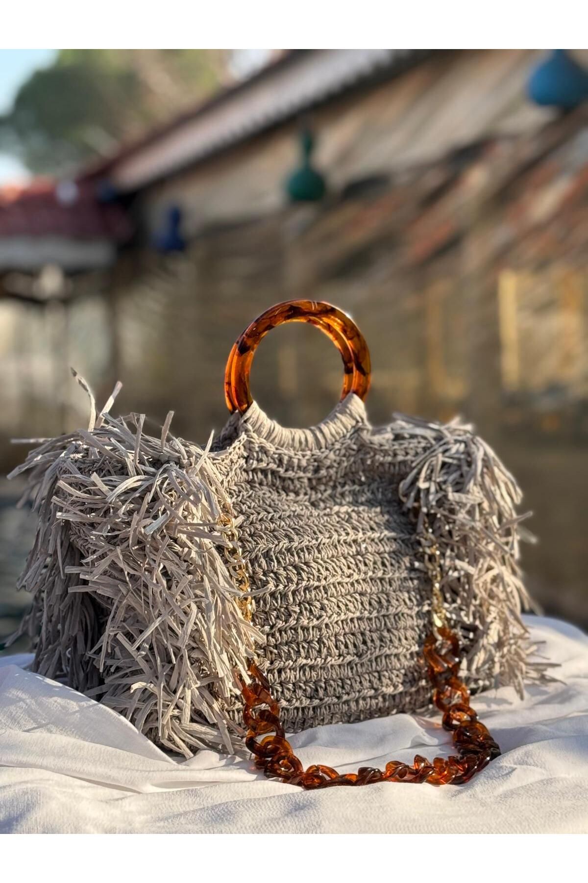 Renkat Handmade Saçaklı Hasır Örme El Çantası