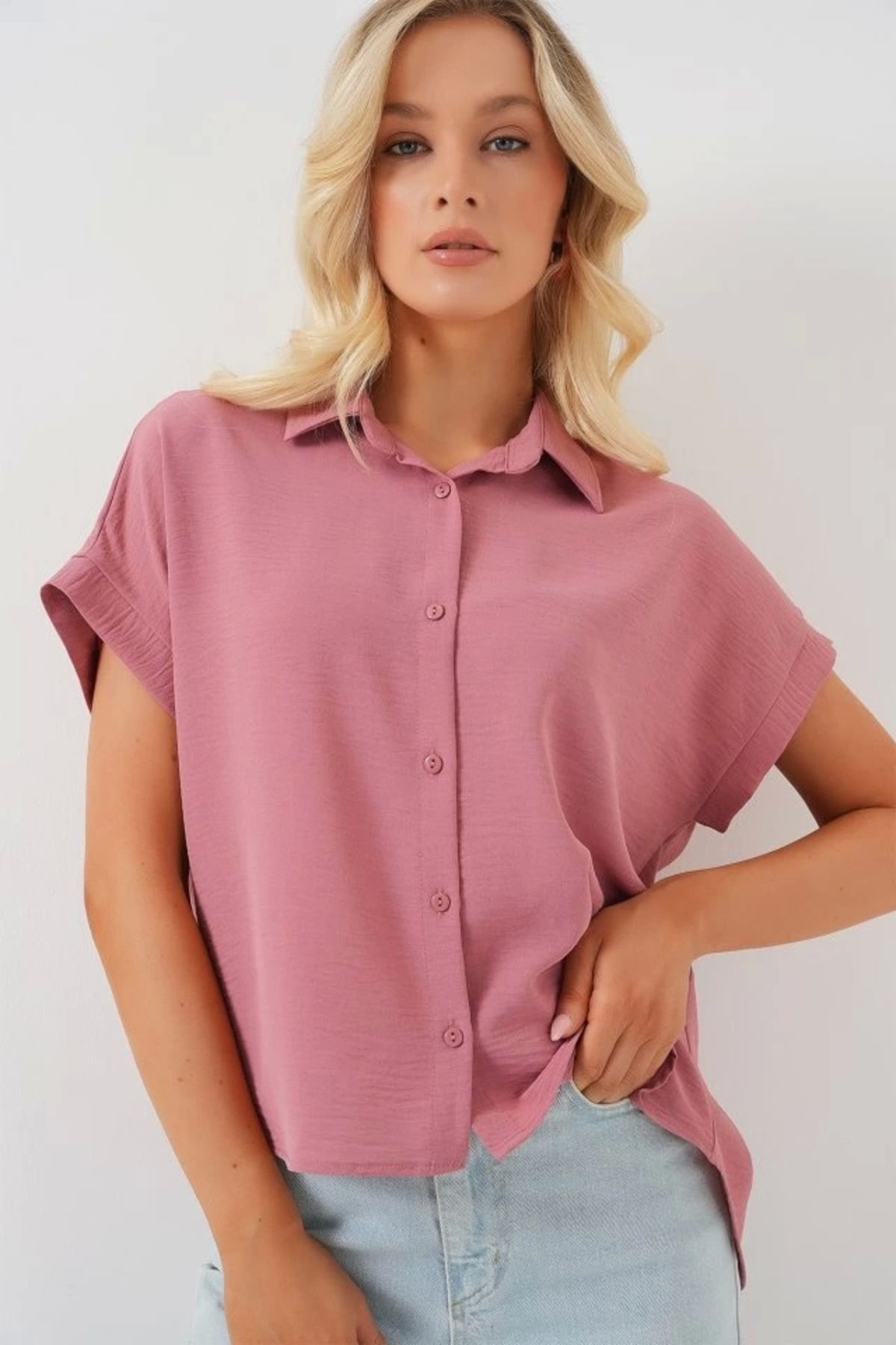Silerra Oversize Kısa Kol Gömlek 20322 - Pembe