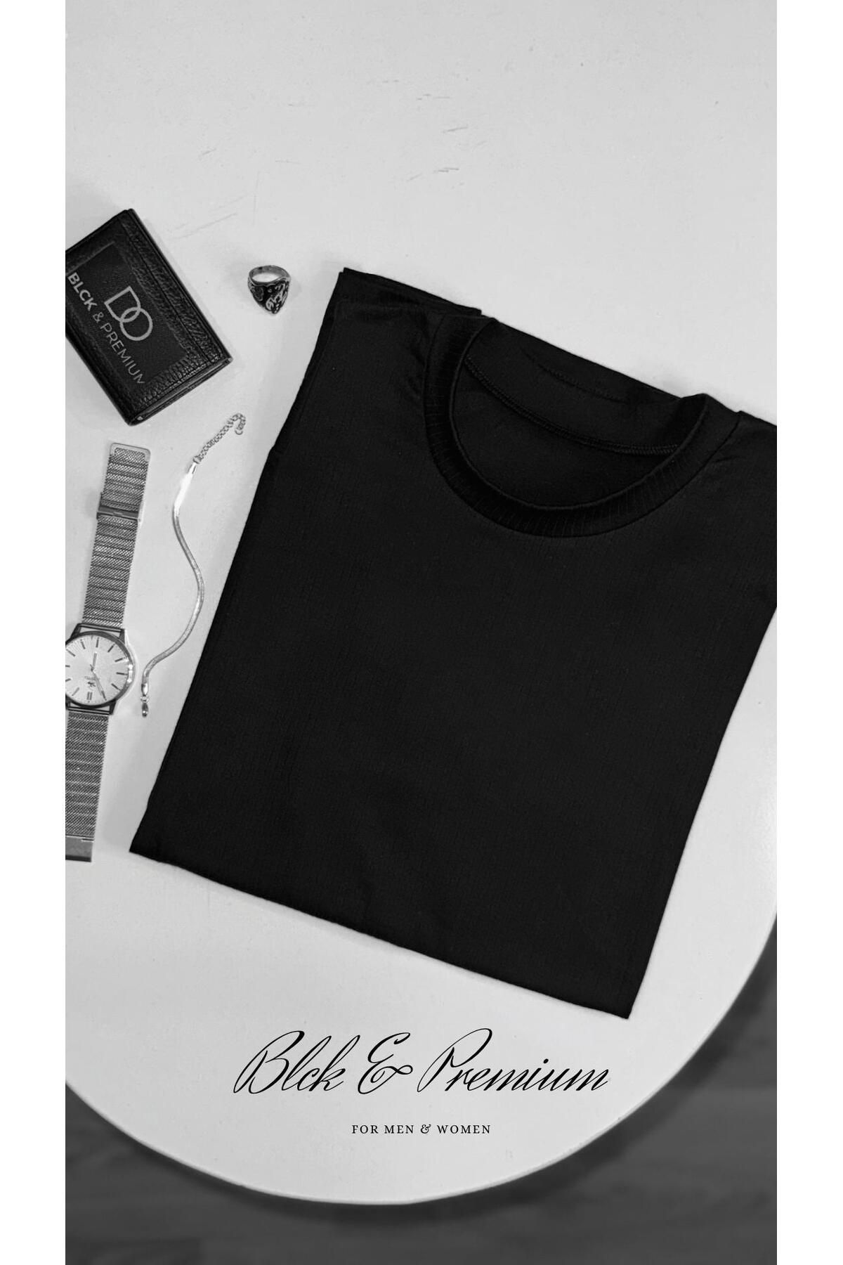 blck & premium Old Money Siyah Slim Fitilli Unisex Regular Kalıp T-shirt