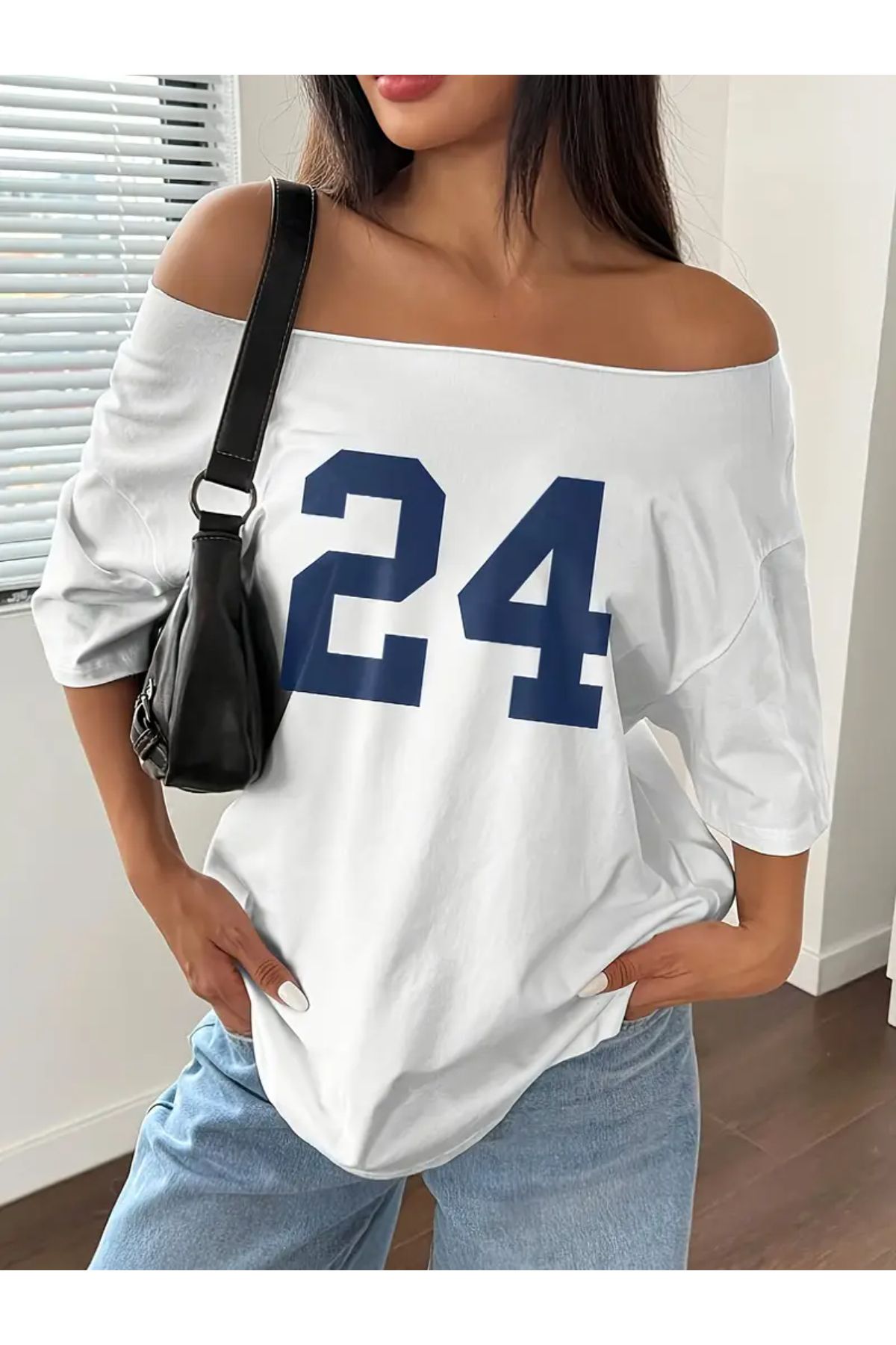 Koklonmoda Kadın Düşük Omuz Kayık Yaka Baskılı T-Shirt