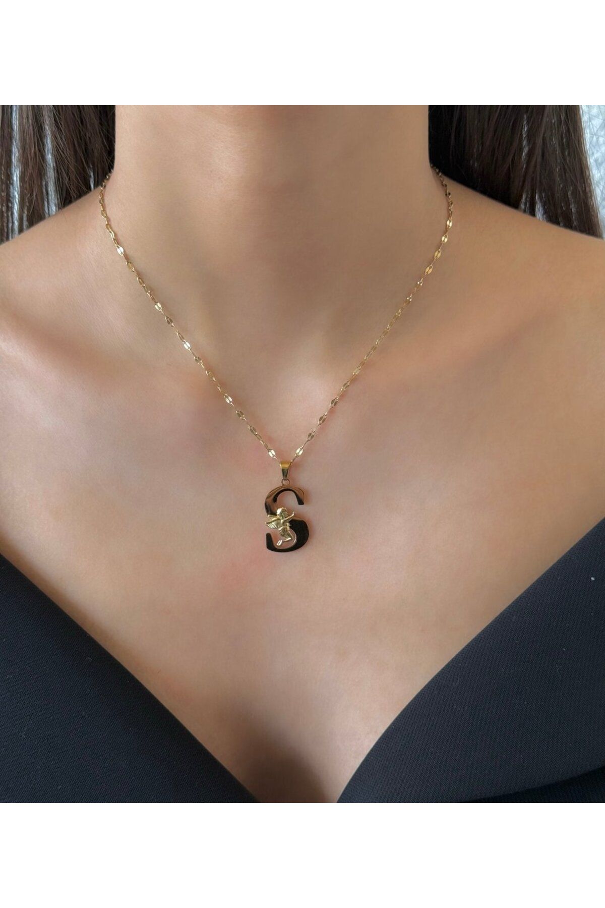 h&b design jewel Çelik Melek Detaylı S Harfli Kolye