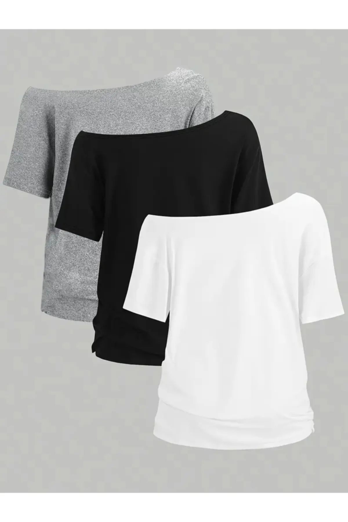 Koklonmoda Büyük Beden Kadın Düşük Omuz Kayık Yaka Baskılı 3'Lü T-Shirt Set