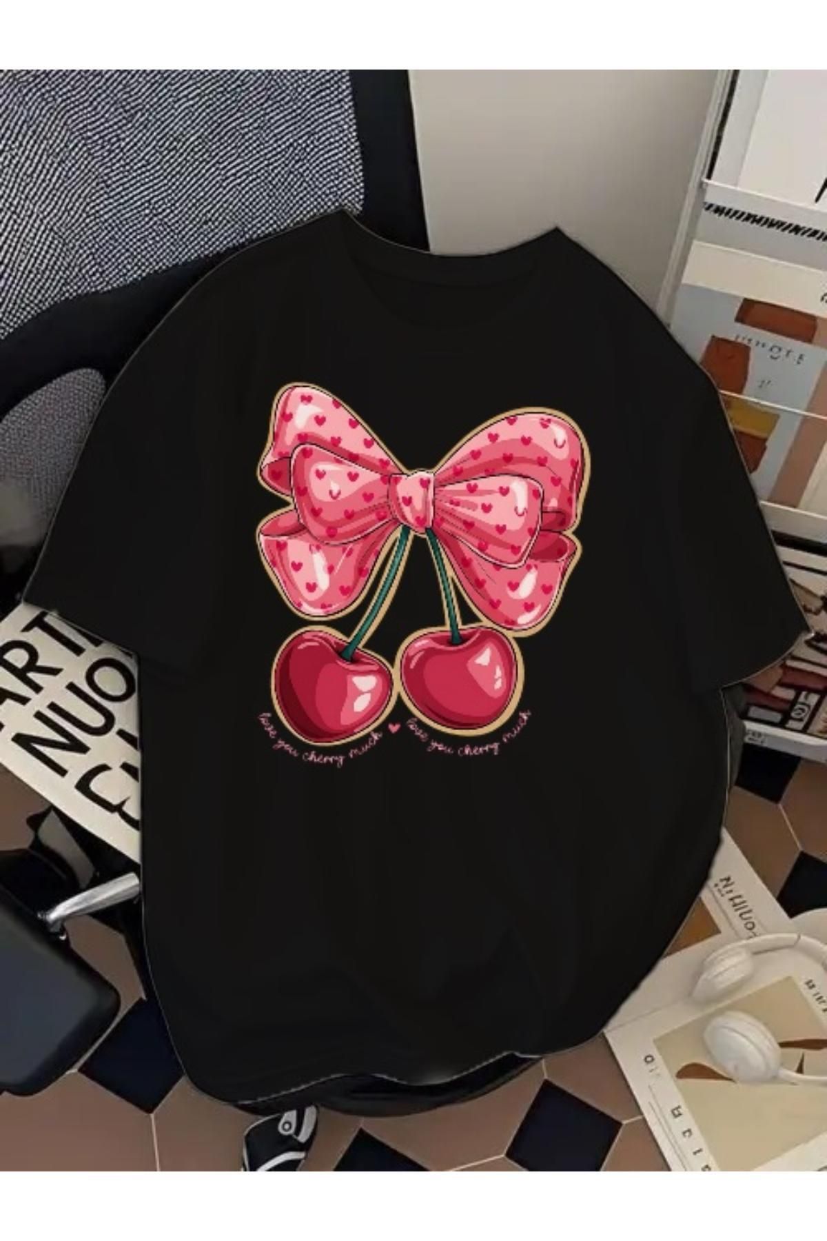 EQİ Cherry Baskılı Oversize T-Shirt