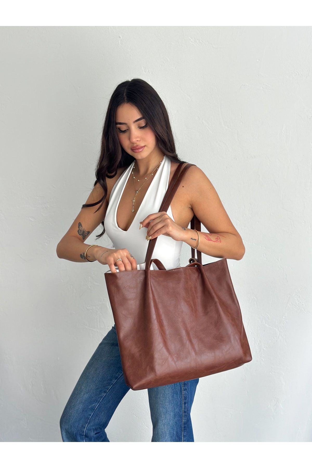 coaksco Kadın Soft Dokulu Büyük Boy Kahverengi Shopper Çanta