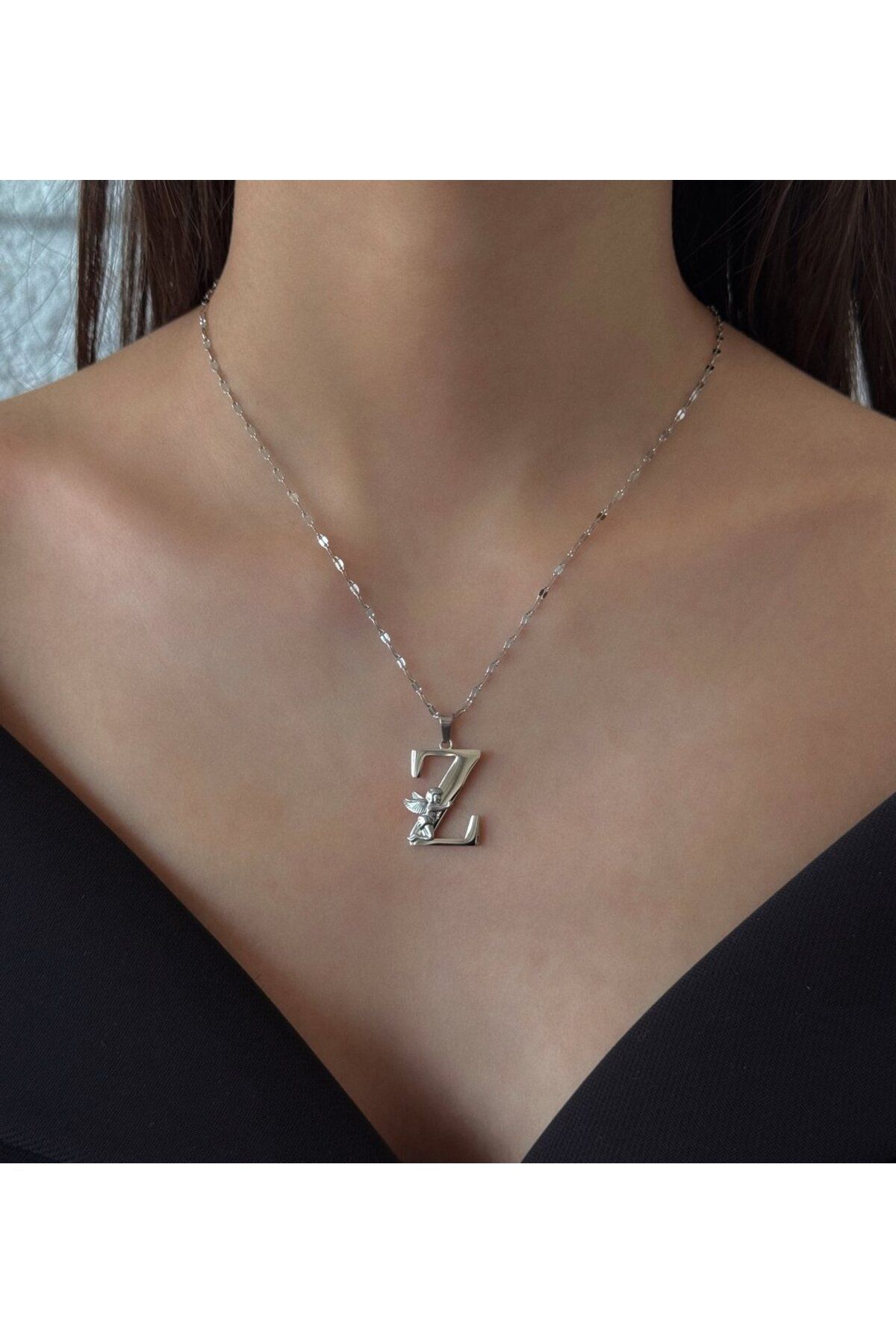 h&b design jewel Çelik Melek Detaylı Silver H Harfli Kolye