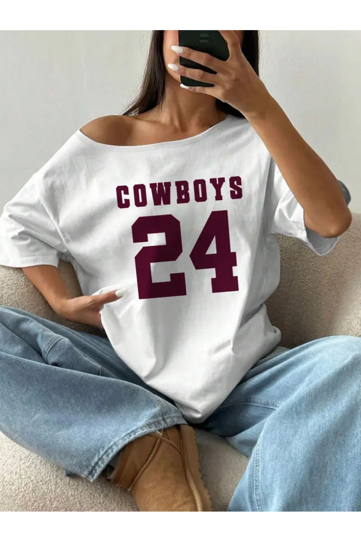 Koklonmoda Büyük Beden Kadın Düşük Omuz Kayık Yaka Baskılı T-Shirt