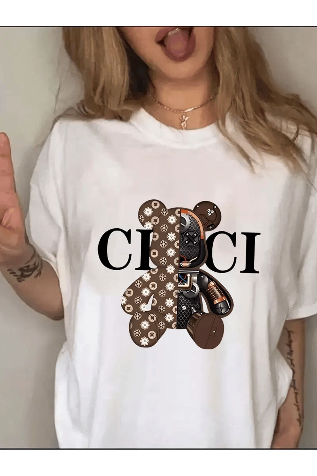 İnazuma Outdoors Unisex Oversize Baskılı Pamuklu Bisiklet Yaka Kısa Kollu BEYAZ T-shirt CıCı