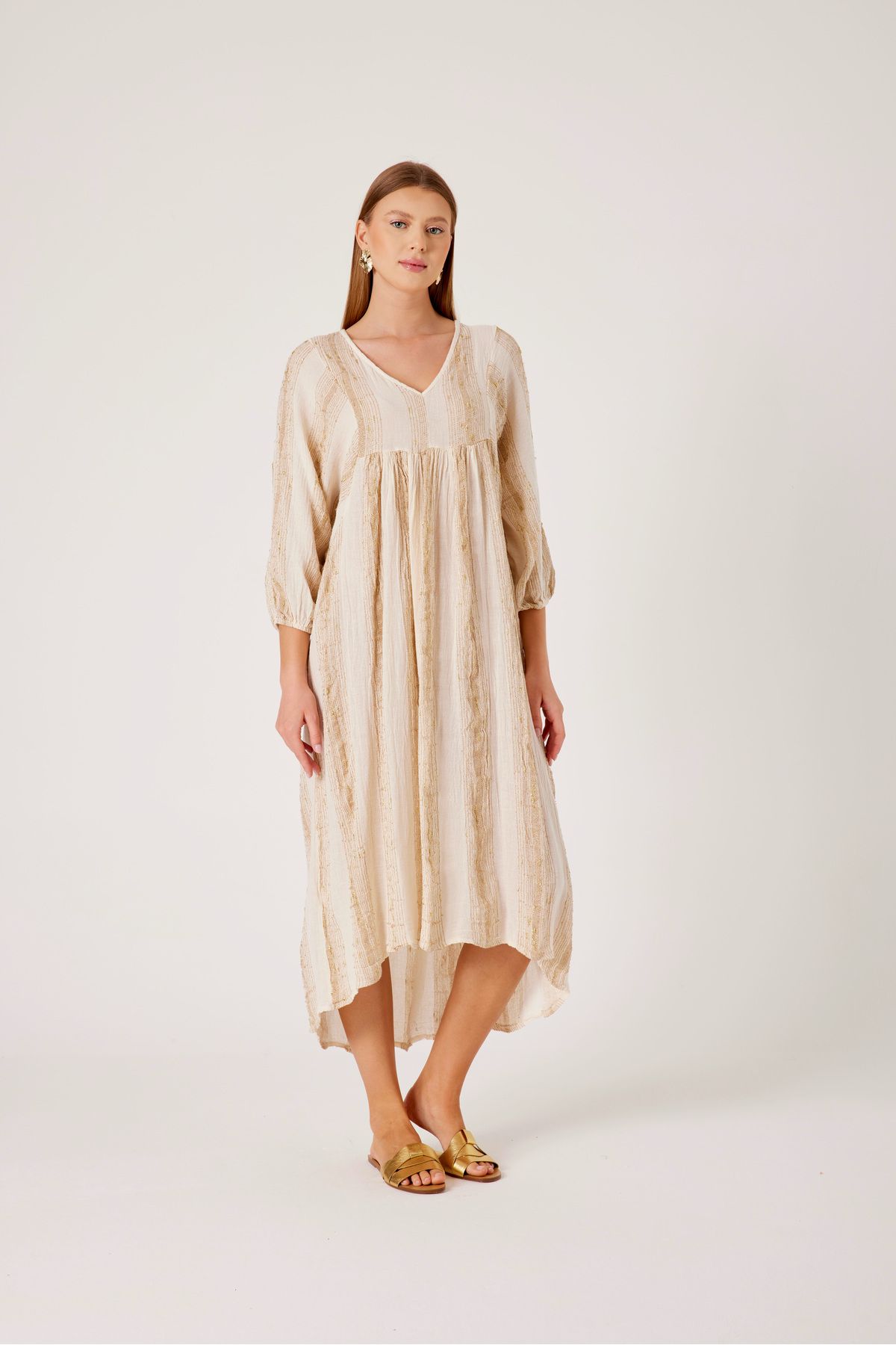 T'u Collection Gold Nakış Detaylı Oversize Elbise-V Yaka Rahat Kesim