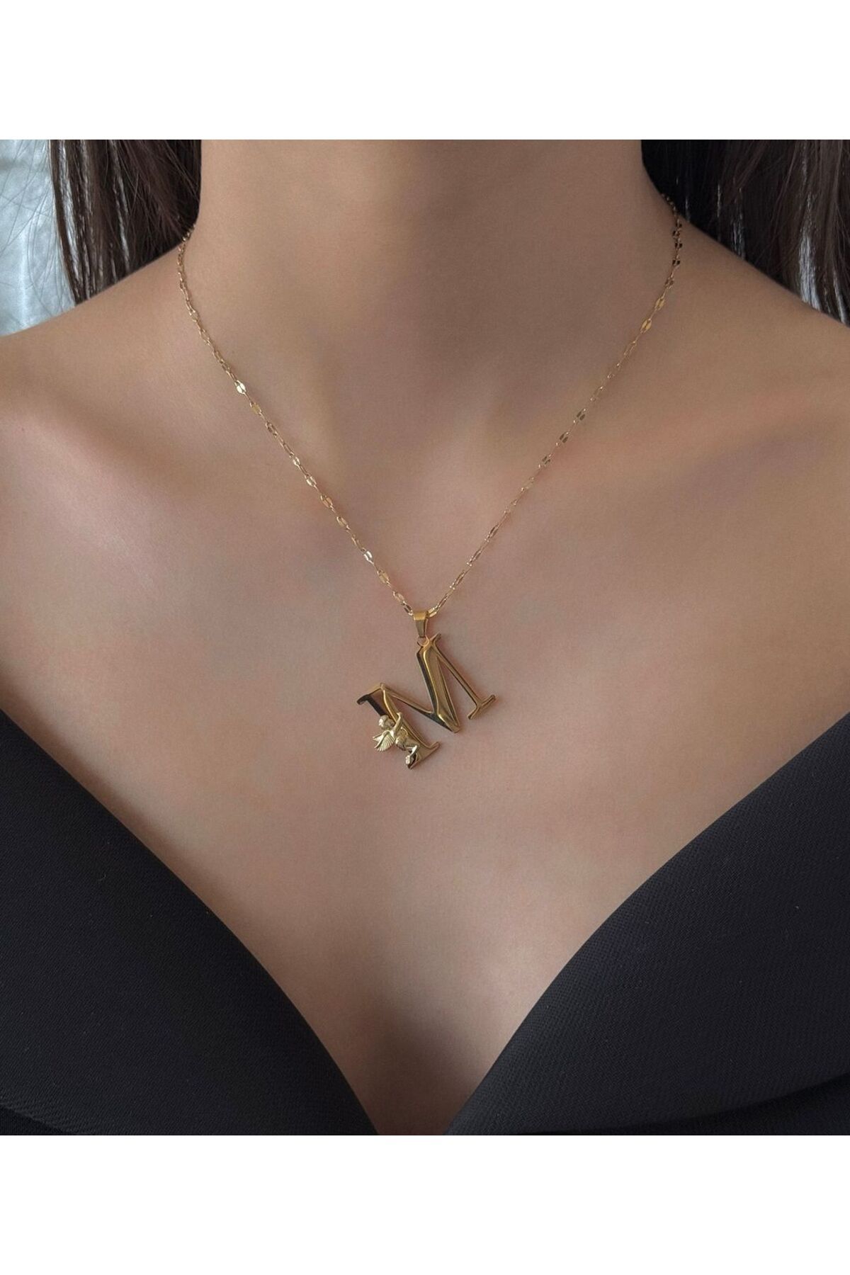 h&b design jewel Çelik Melek Detaylı M Harfli Kolye