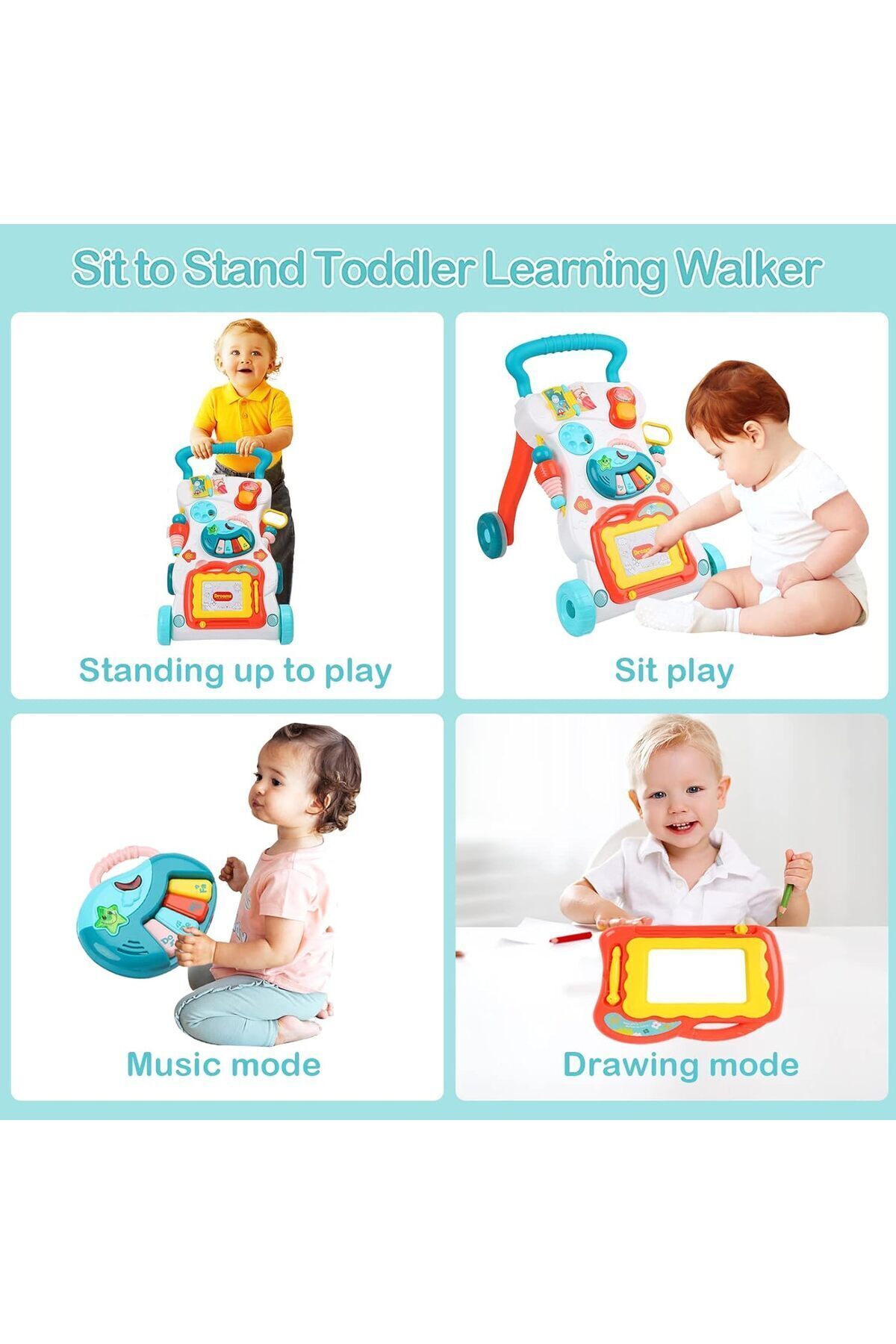 مشاية أطفال تعليمية 3 في 1 مع لوحة رسم، وضعية الجلوس والوقوف للأطفال