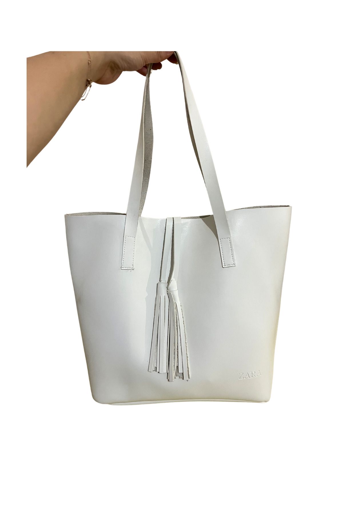 Tugchic Bags Büyük Beyaz Marka Detaylı Kol Çantası