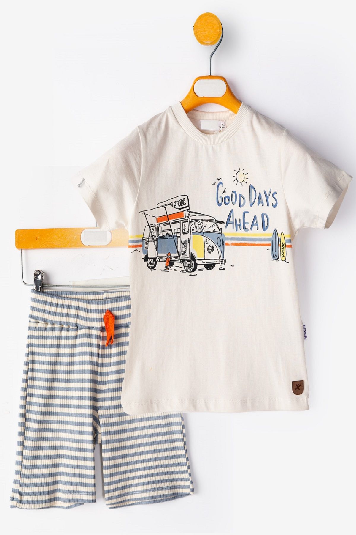 PODİUM GİYİM YENİ Erkek Bebek Tişört-Şort 2li Takım Good Days Ahead 3D Bisiklet Yaka Reçme Paça- Pamuklu Takım