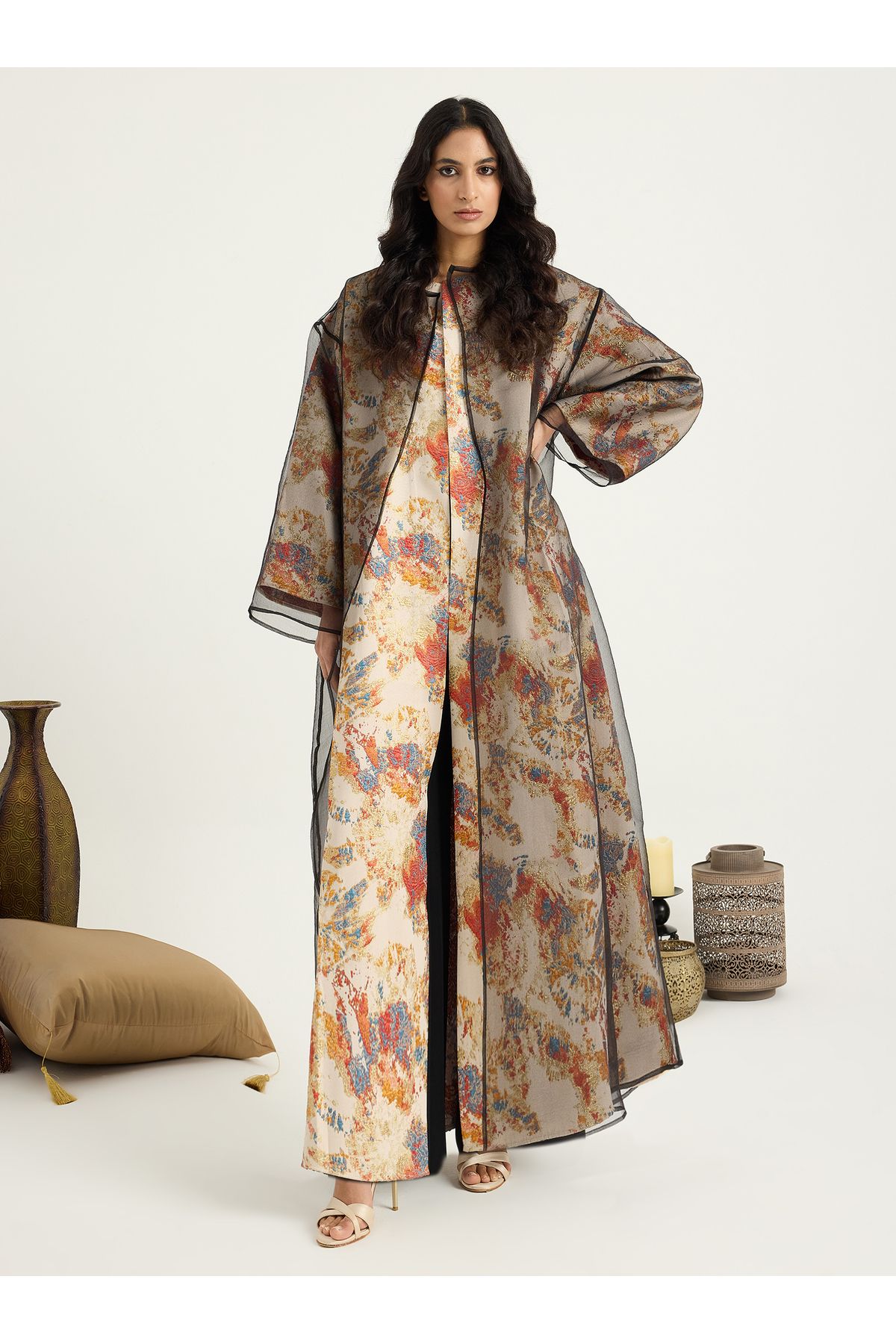 Store Wf Two-Piece Double Layer Orange jaquarde Organze Abaya
