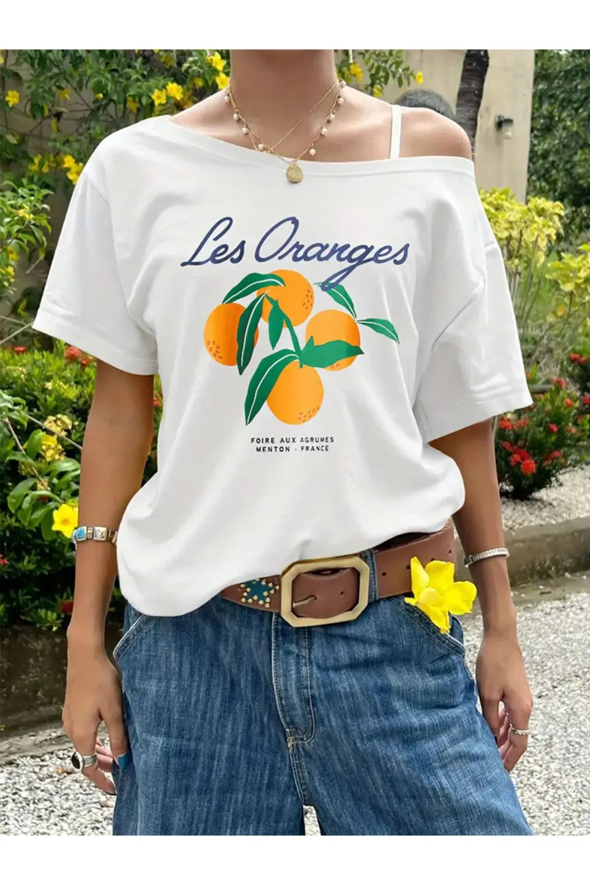 Koklonmoda Büyük Beden Kadın Düşük Omuz Kayık Yaka Baskılı T-Shirt