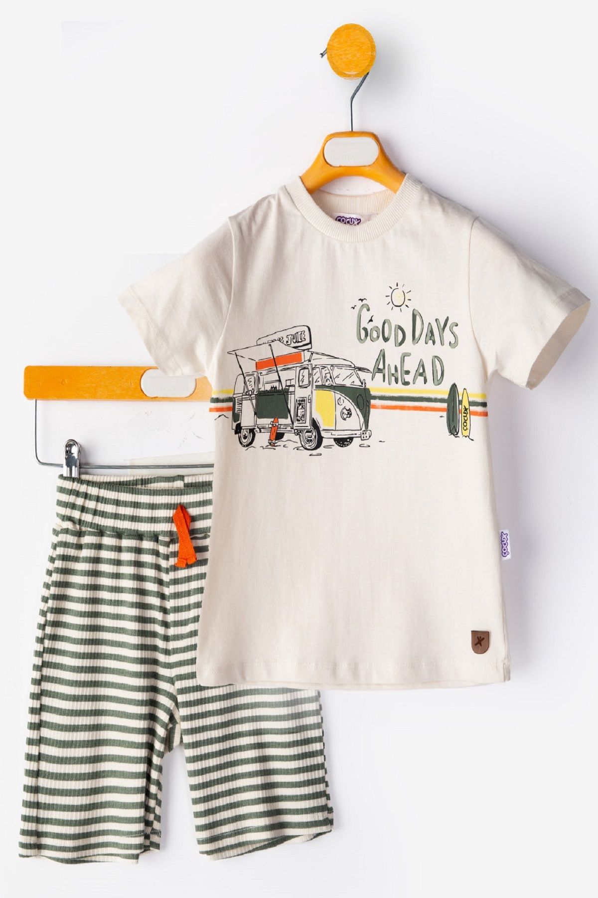 PODİUM GİYİM YENİ Erkek Bebek Tişört-Şort 2li Takım Good Days Ahead 3D Bisiklet Yaka Reçme Paça- Pamuklu Takım