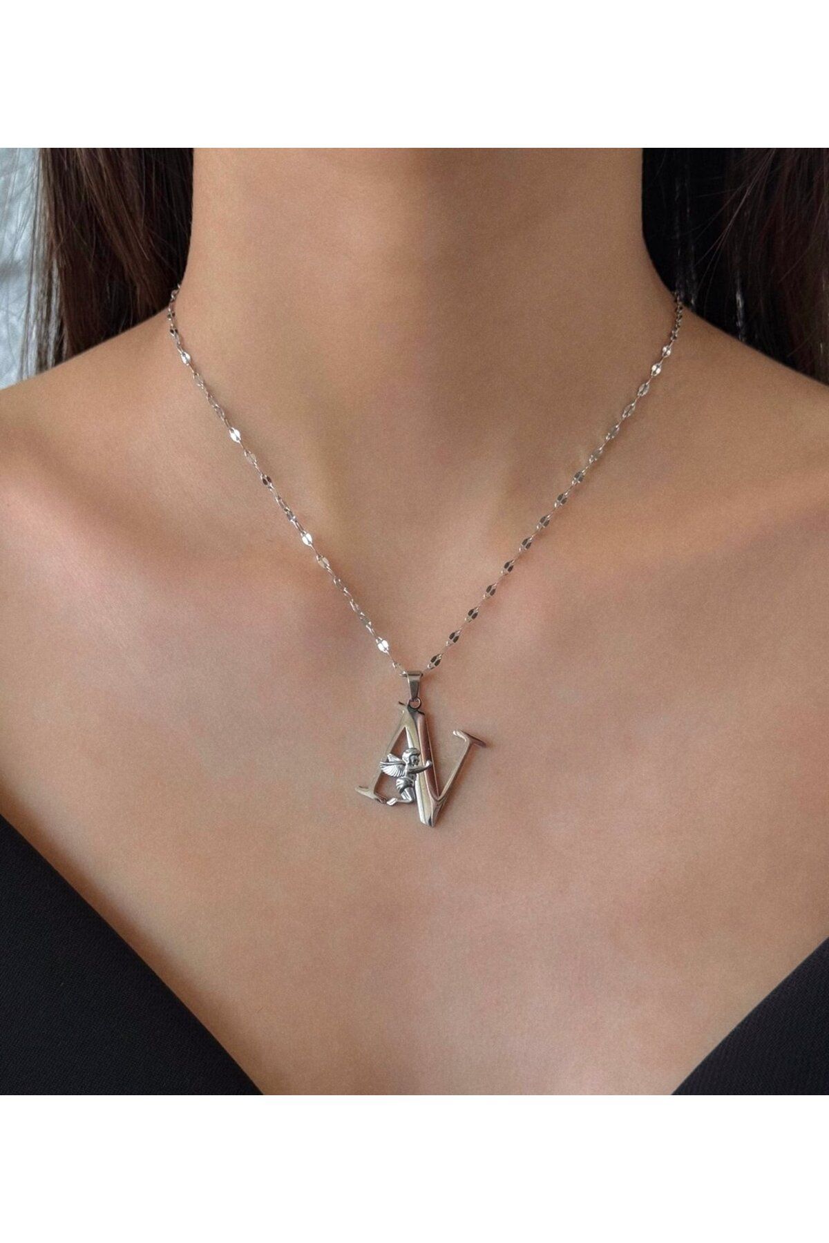 h&b design jewel Çelik Melek Detaylı Silver N Harfli Kolye