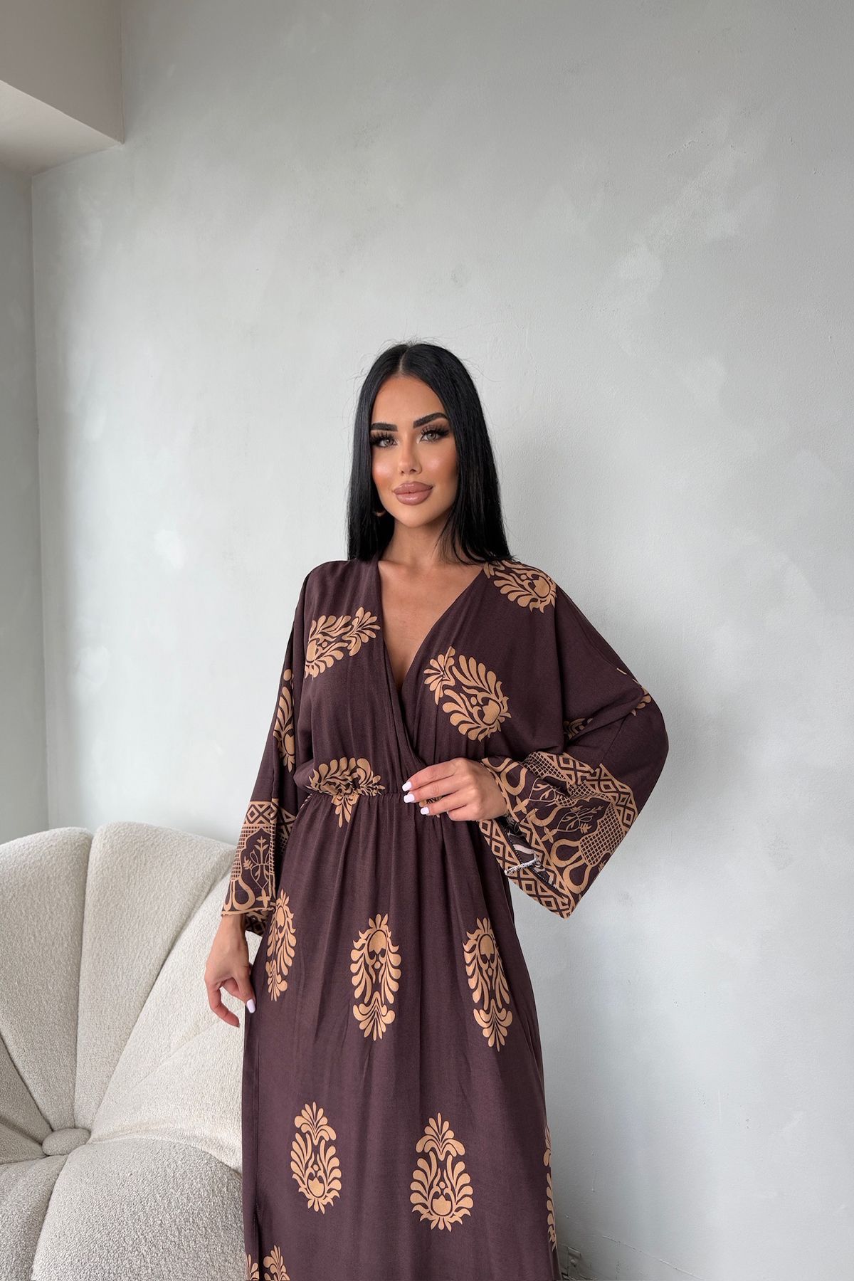 kamacibutik Kruvaze Yaka Etnik Desenli Viskon Kumaş Elbise