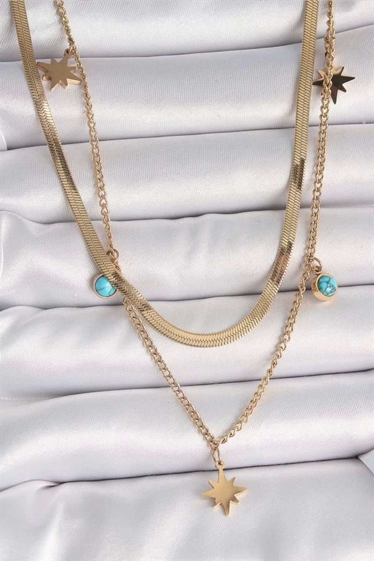 Lale Moda 316L Çelik Gold Renk 2'Li İtalyan Zincir Model Yıldız Figür Mavi Taş Detay Kadın Kolye