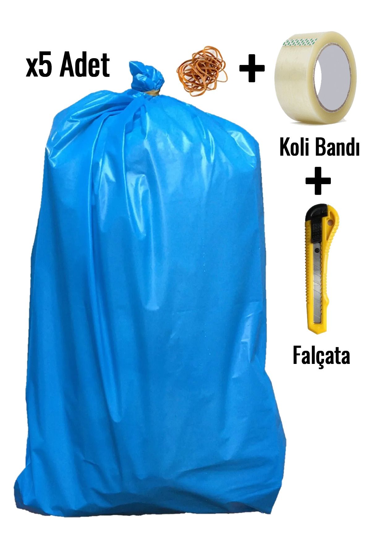 naft 5 Adet Mavi Lastikli 80x110 Ultra Kalın Ev Taşıma Taşınma Poşeti Koli Bandı Falçata Nakliye Torbası