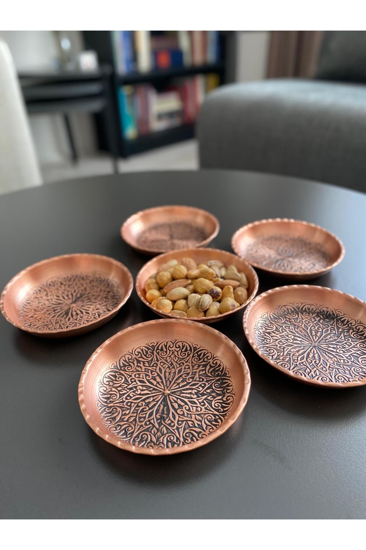 Layla Copper 6'lı Desenli Bakır Çerezlik-Kahvaltılık-Reçellik-Sunumluk Set (10 cm X 2,3 cm)