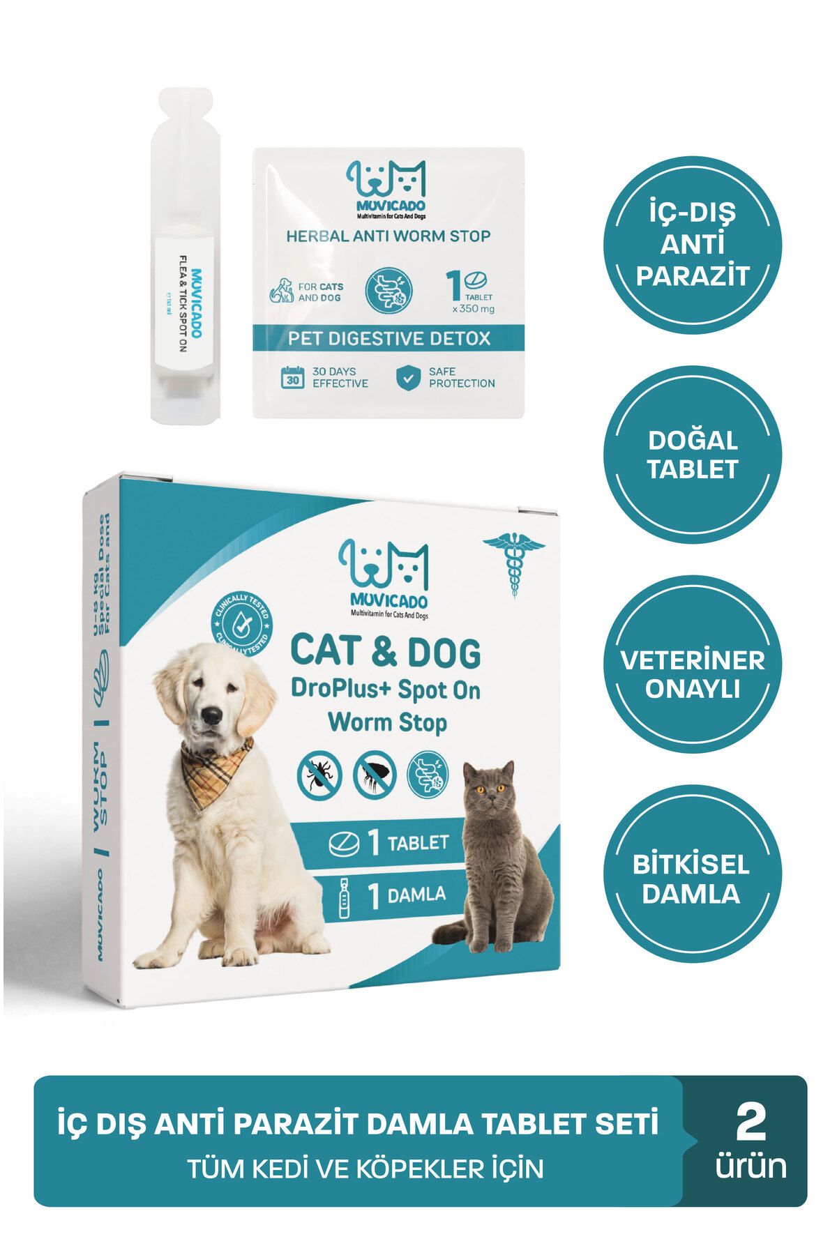 Kedi Köpek Herbal Worm Stop Bitkisel Tablet 250 mg+ Anti Spot On Bitkisel Damla 1 ml Bit Pire Kene