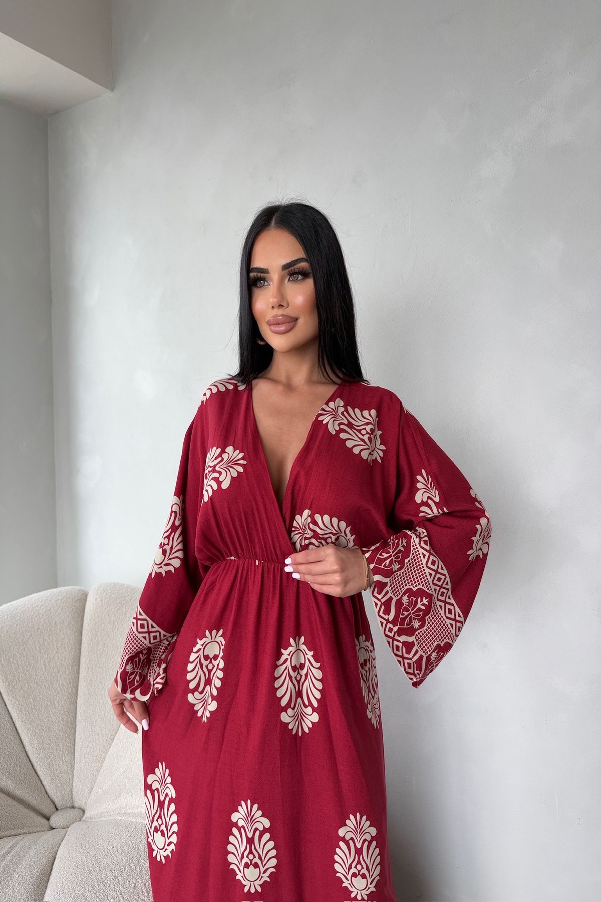 kamacibutik Kruvaze Yaka Etnik Desenli Viskon Kumaş Elbise
