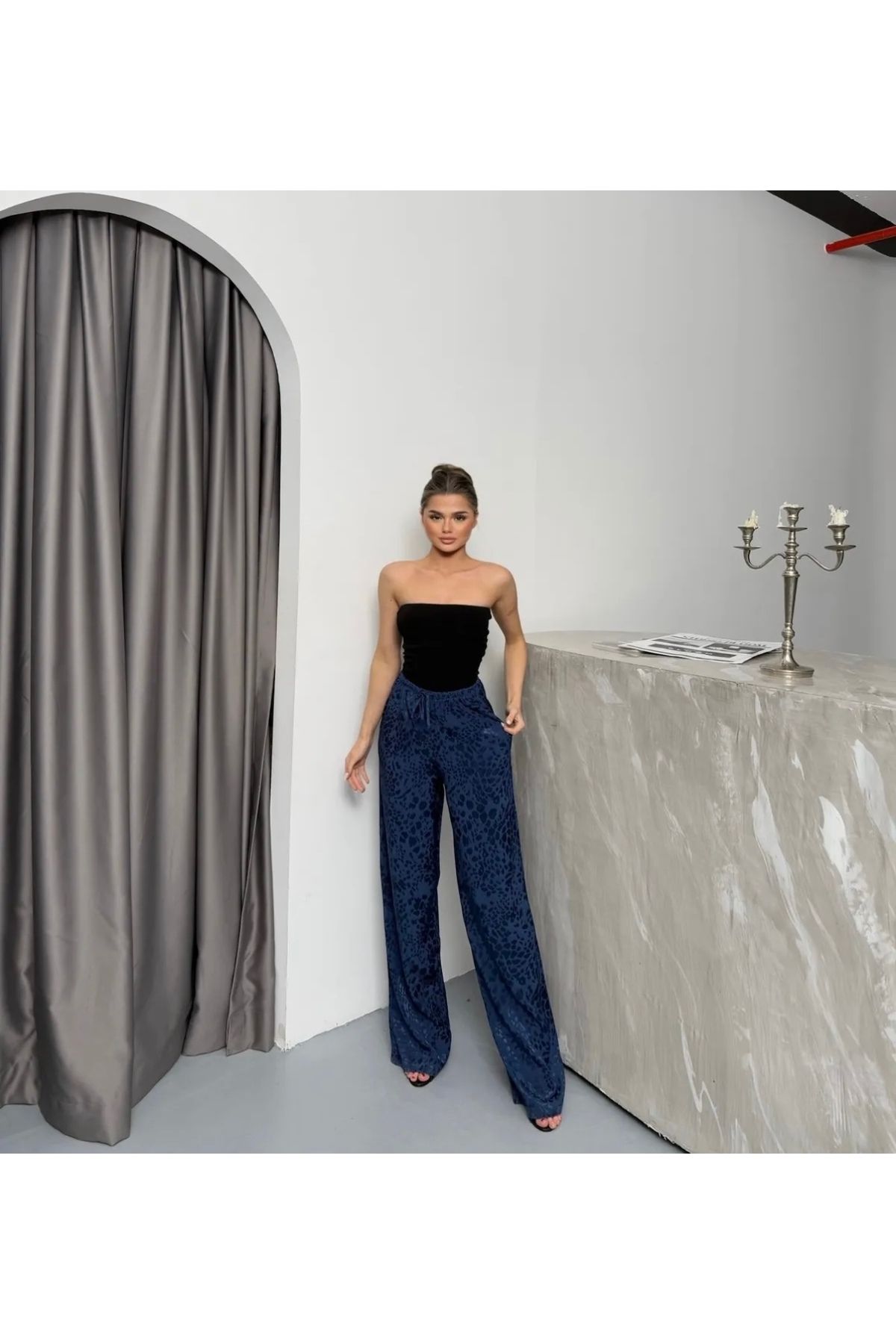 lenai online shop Kadın Leopar Desenli Saten Bol Pantolon