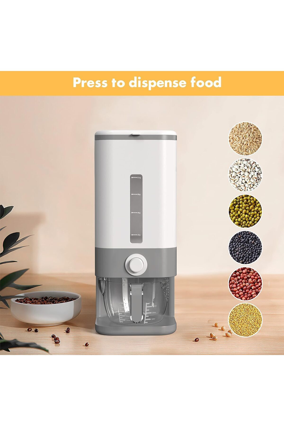 موزع حبوب سعة 8 لتر مع كوب قياس، درج واحد، مقاوم للرطوبة لتخزين الأرز و حبوب كورن فليكس