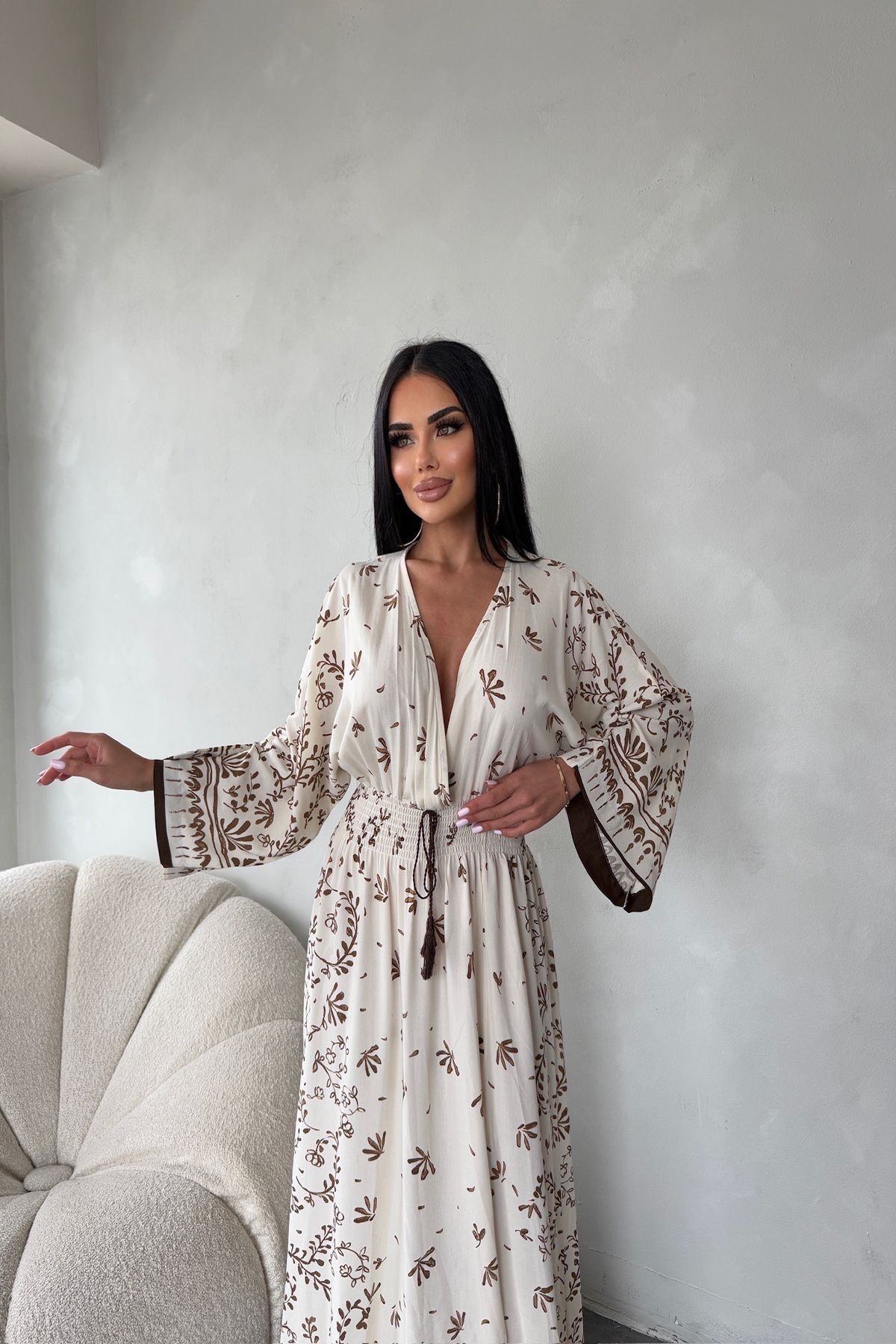 kamacibutik Kruvaze Yaka Çiçek Desenli Viskon Kumaş Elbise