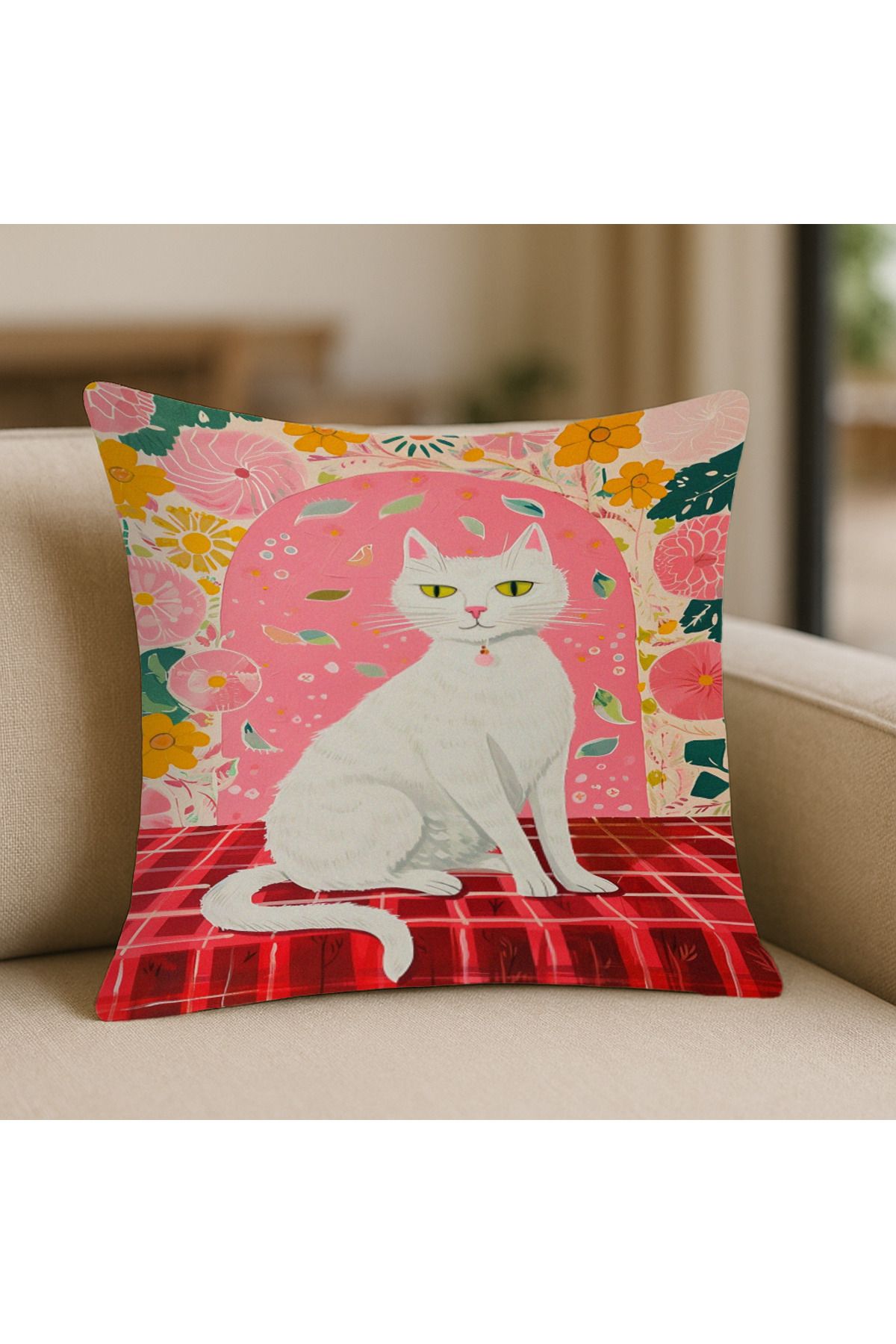 TURKISHRUG KINGDOM Kedi Desenli Kırlent Kılıfı – 43x43 cm, Çift Taraflı, Fermuarlı, Yıkanabilir
