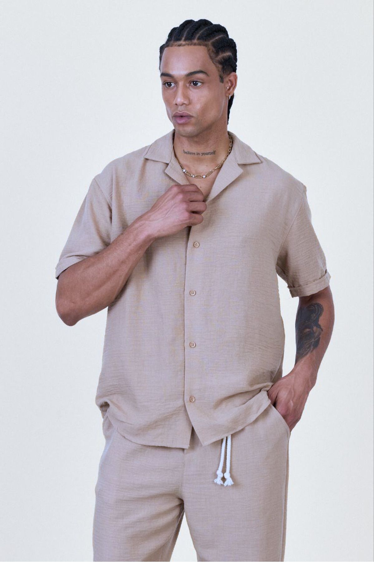 SUN STYLE Keten Oversize Kısa Kol Gömlek