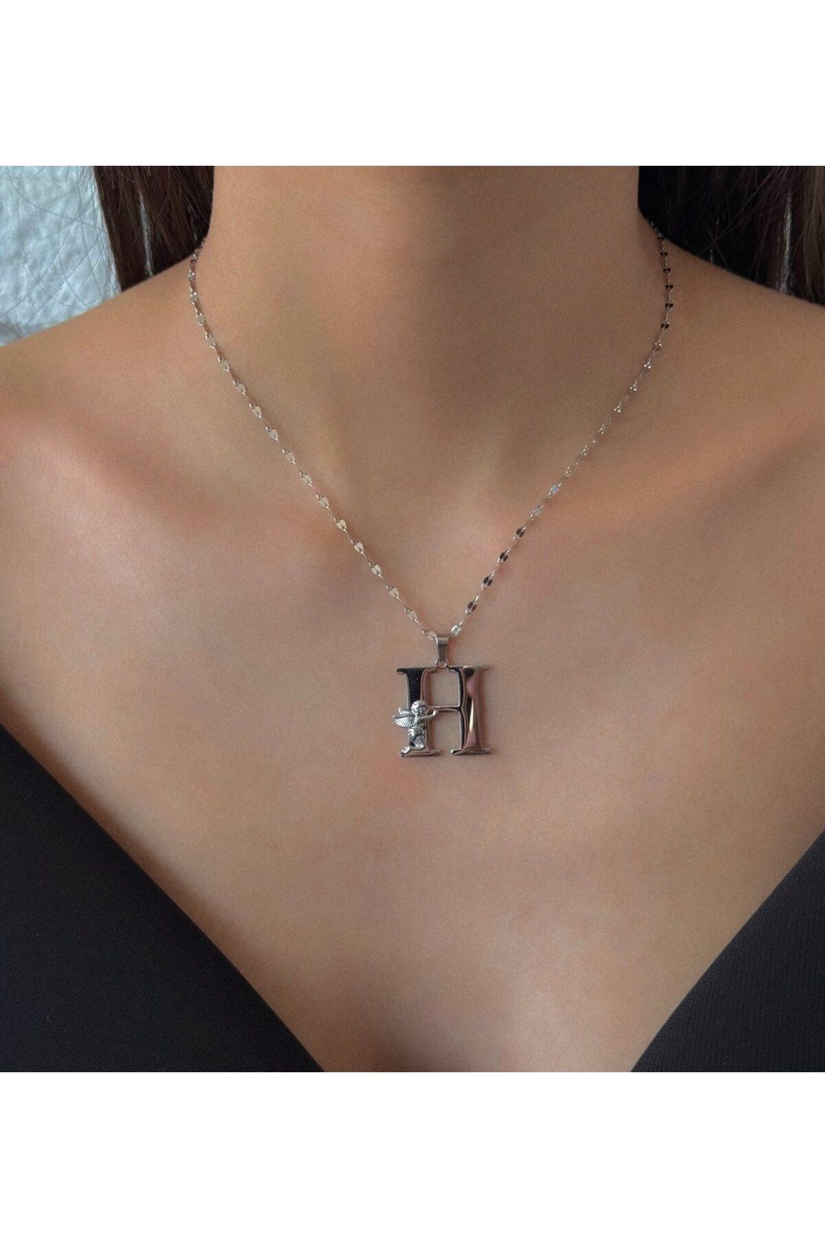 h&b design jewel Çelik Melek Detaylı Silver H Harfli Kolye