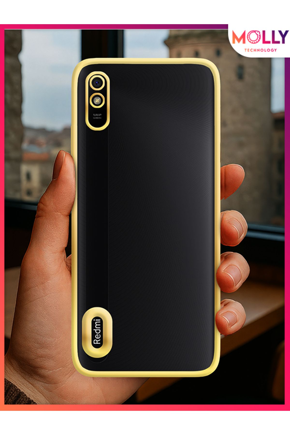 Molly Xiaomi Redmi 9A İçin Kenarları Gold Lens Koruyuculu Lou Lazer Şeffaf Silikon Kılıf