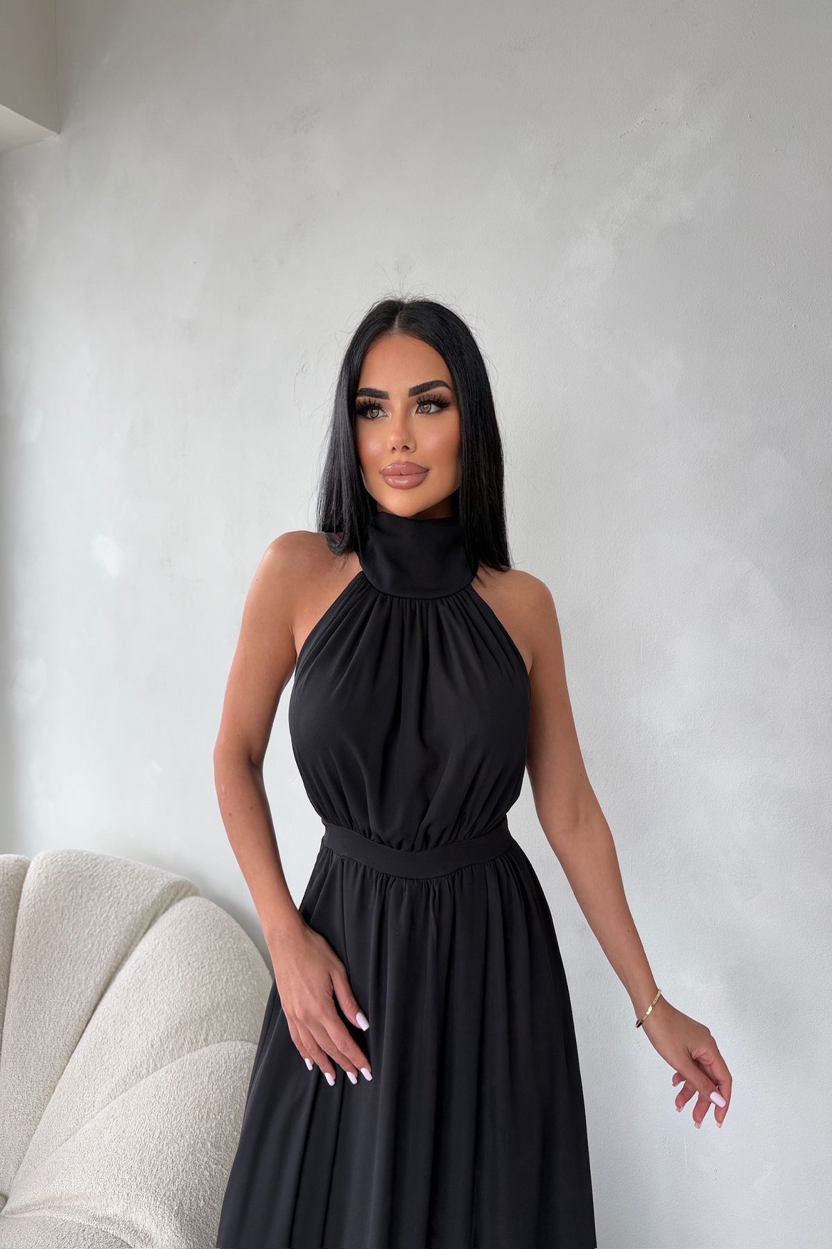 kamacibutik Halter Yaka Sıfır Kol Şifon Elbise