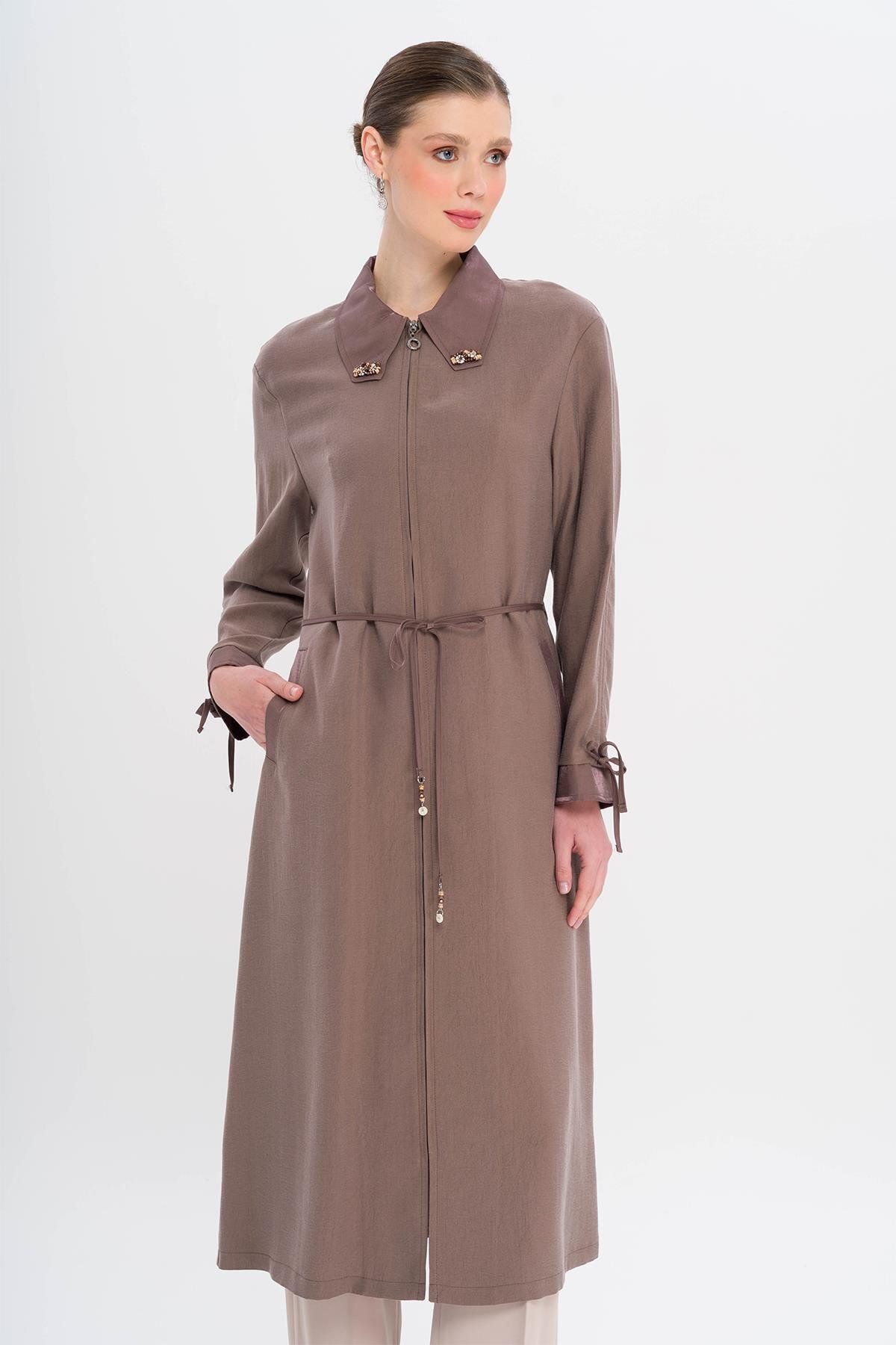 Olcay-Unlined Modal Cap with Beaded Collar and Drawstring Detail Brown 6751 4