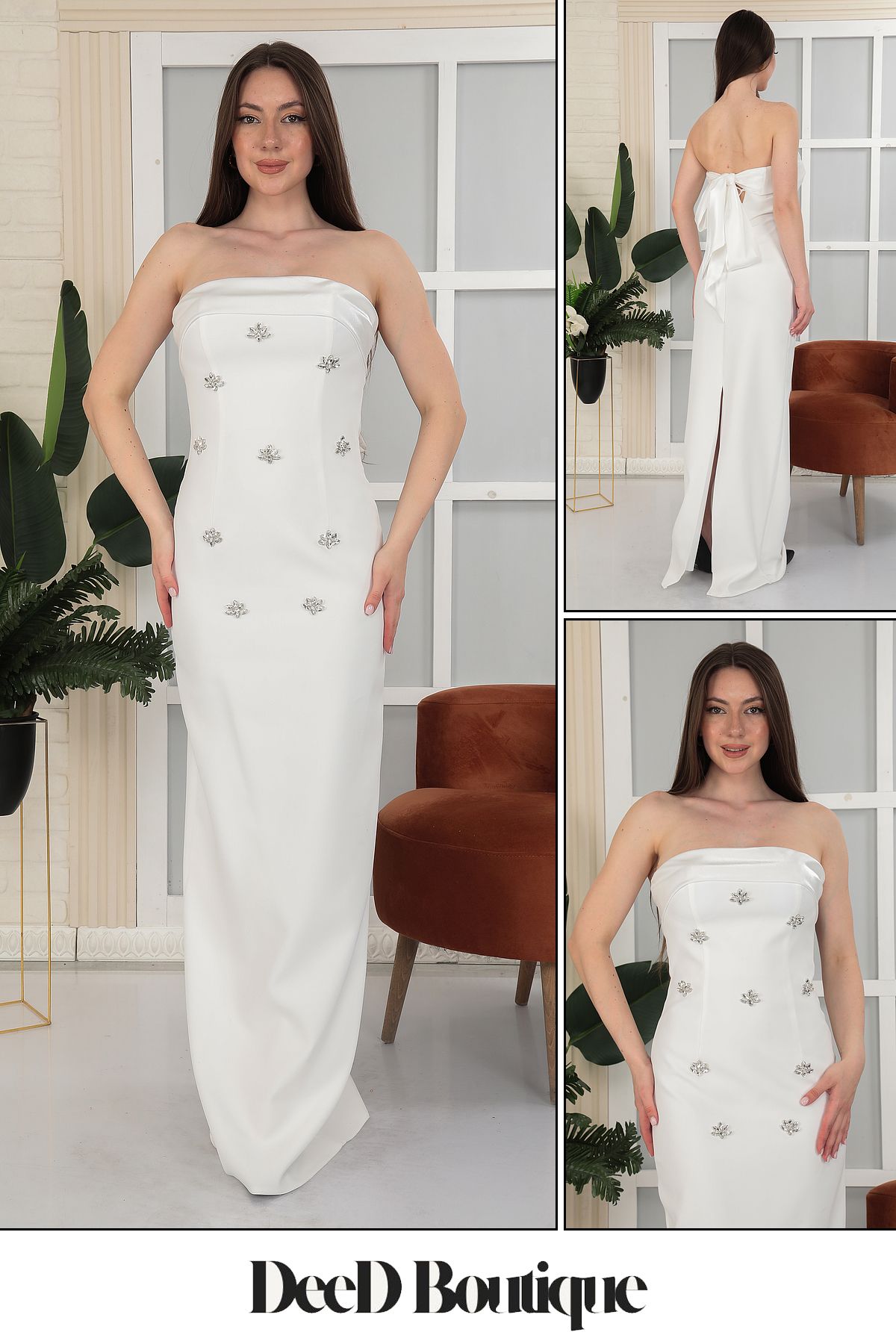 DeeD Boutique Beyaz Straplez Taş Detaylı Uzun Abiye Elbise