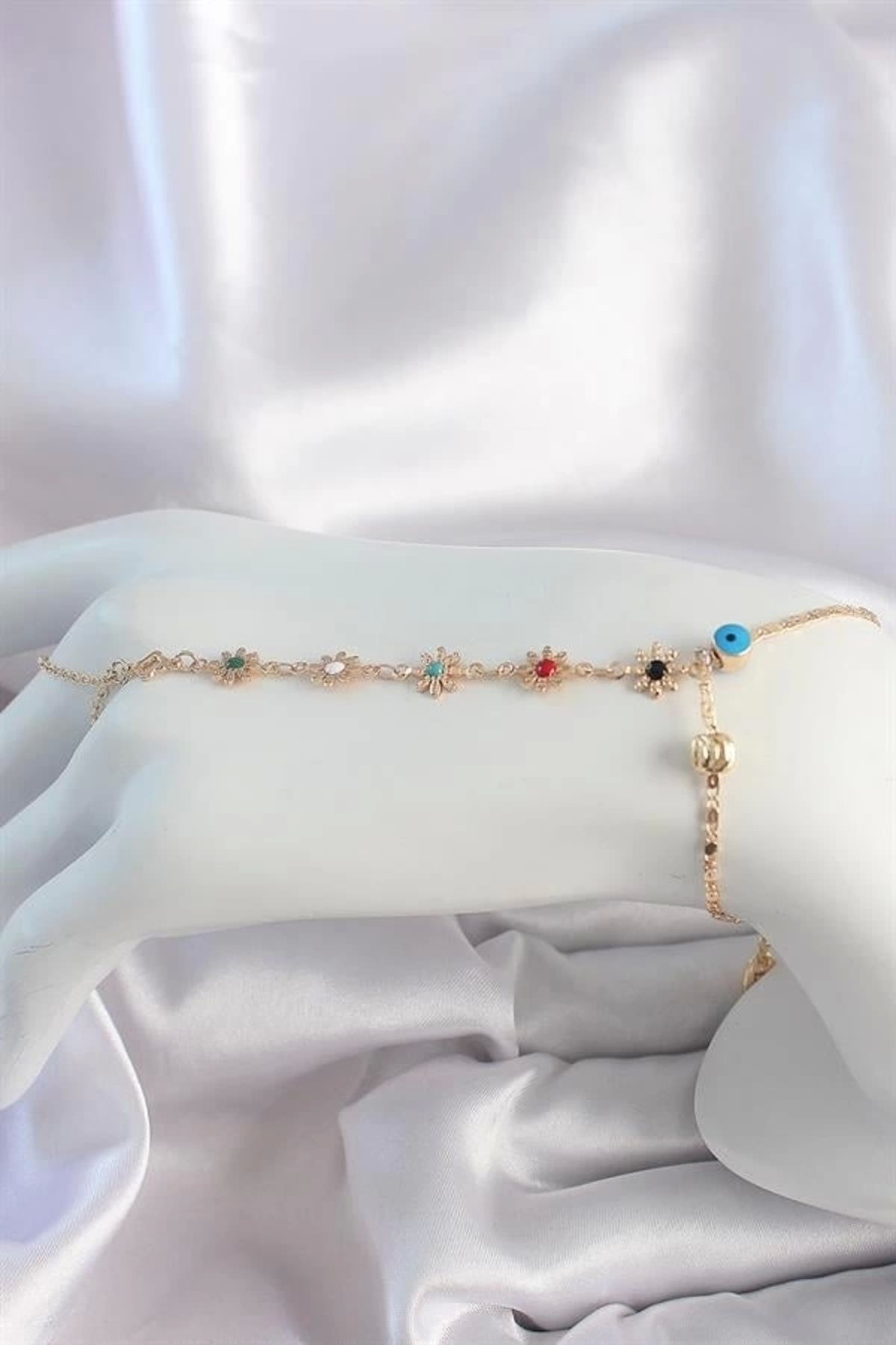 Lale Moda Pirinç Gold Renk Renkli Taşlı Çiçek Model Nazar Boncuk Detay Şahmeran