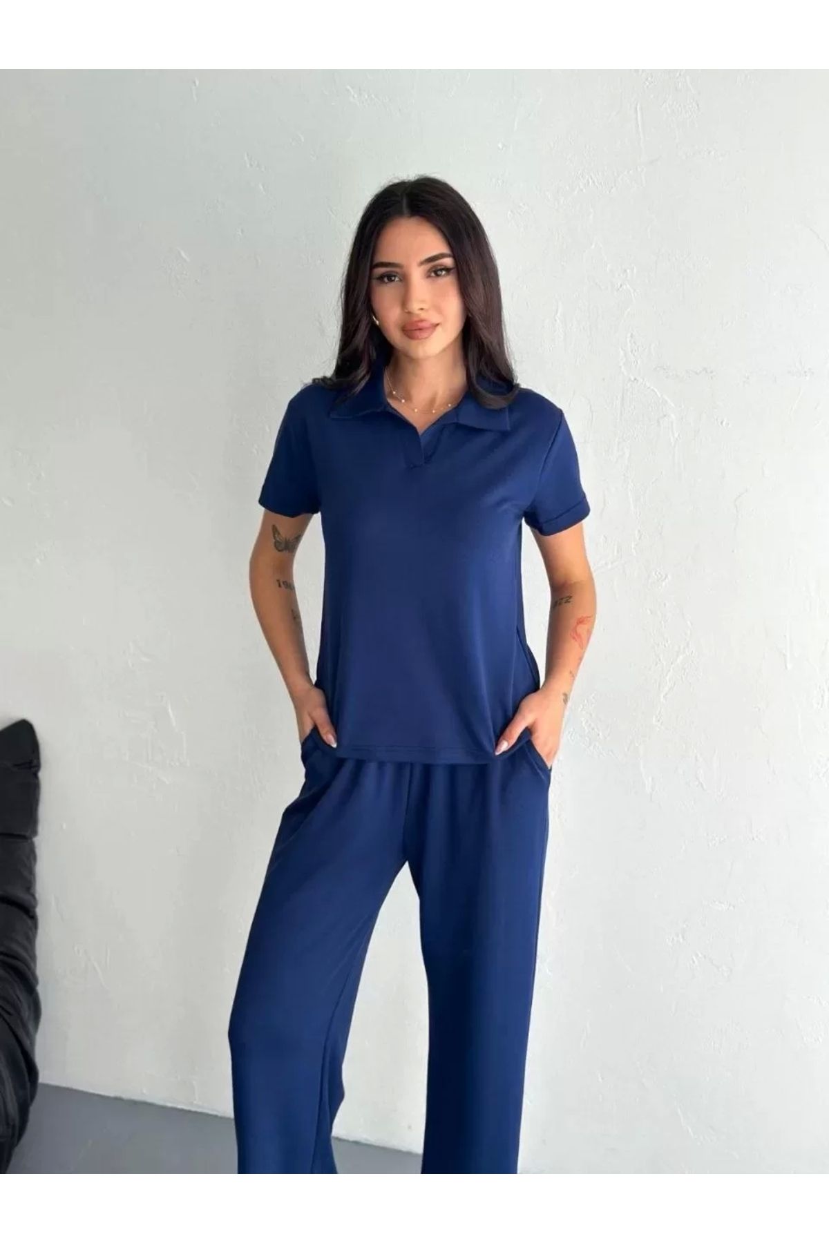 AE Stil Osy Modal Yumuşak Dokulu Kumaş Kısa Kollu Yakalı T-shirt Pantalon ikili Takım- Lacivert