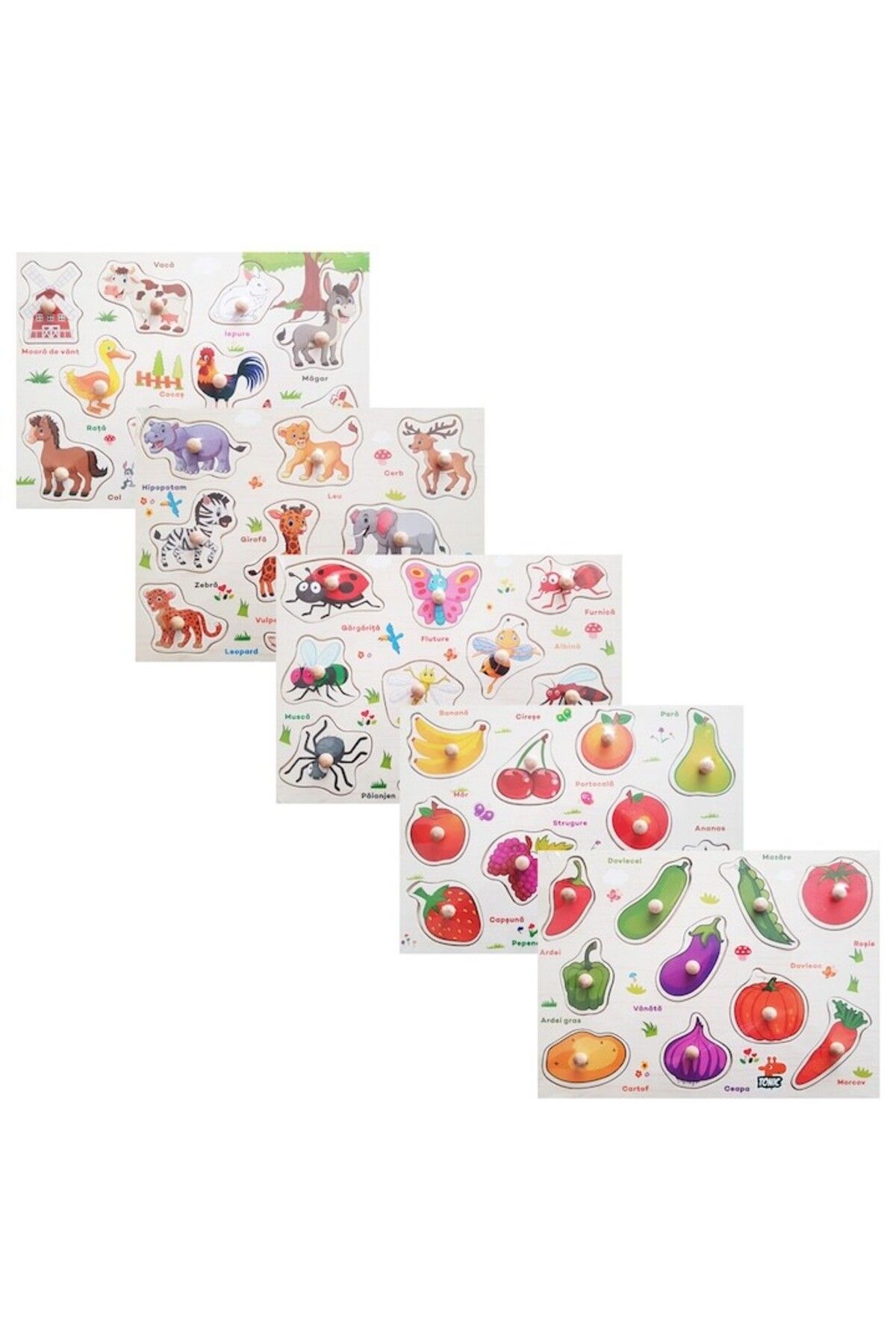 Picodino-Set puzzle lemn, 5 tablite incastru in limba romana, 49 piese, eduBebe, M1-113SET 1