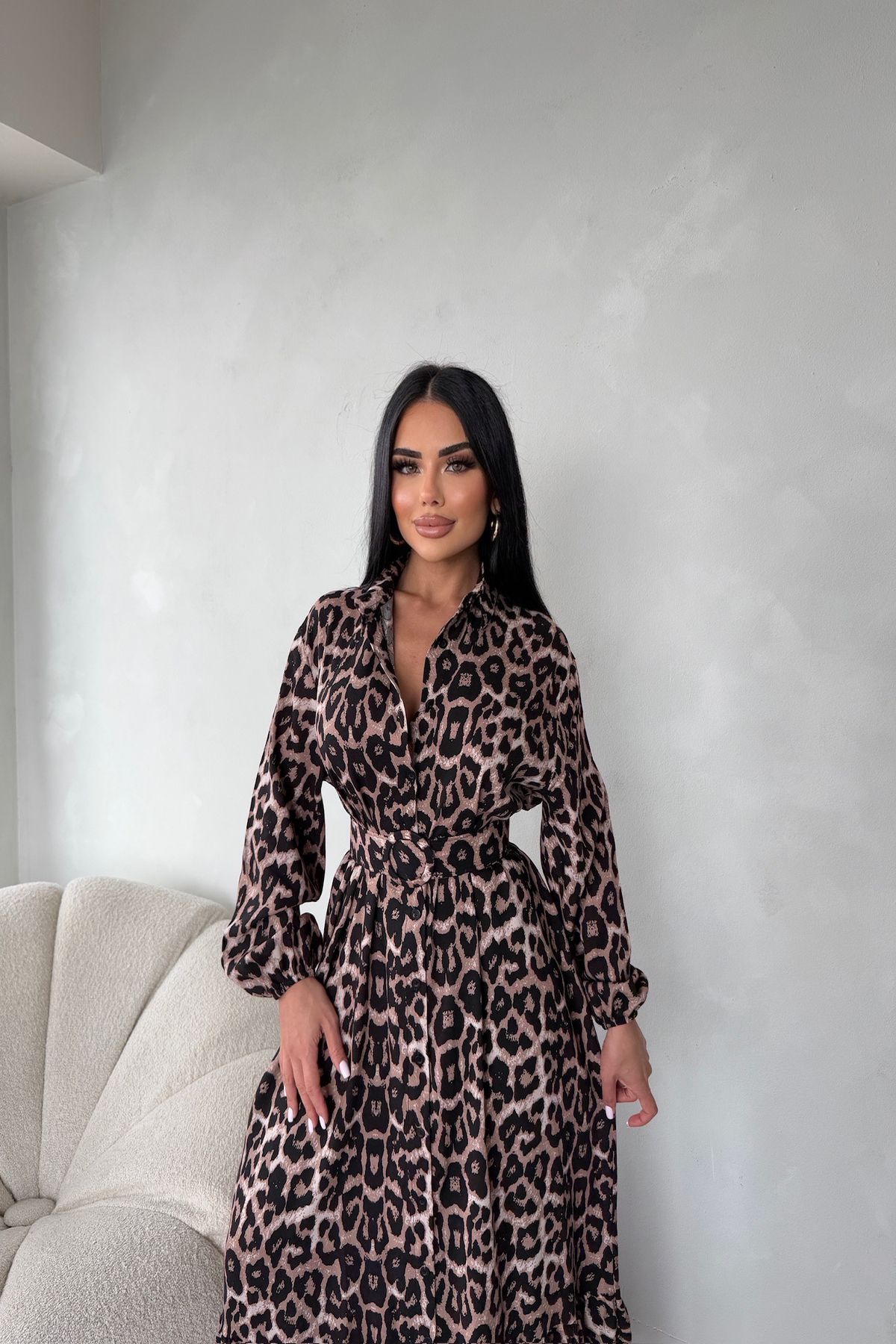 kamacibutik Gömlek Yaka Kemerli Leopar Desenli Elbise