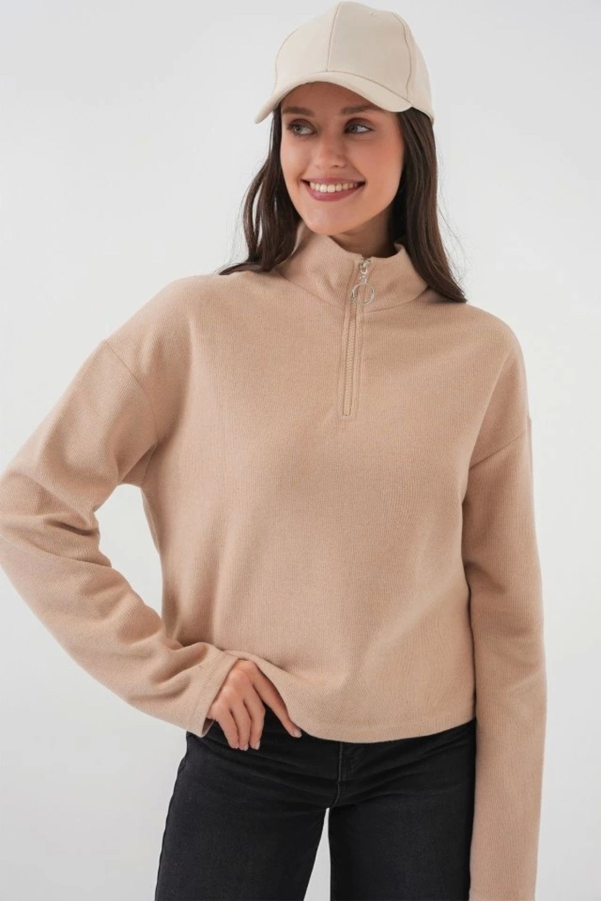 Kaplan 55449 Fermuarlı Yaka Örme Sweatshirt - Camel