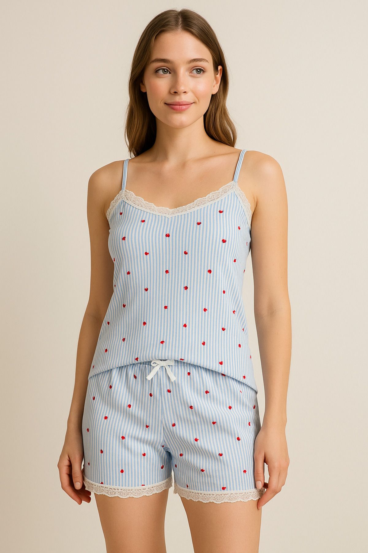 sıla sella %100 Bamboo Kumaş Kadın İp Askılı Şortlu Pijama Takımı