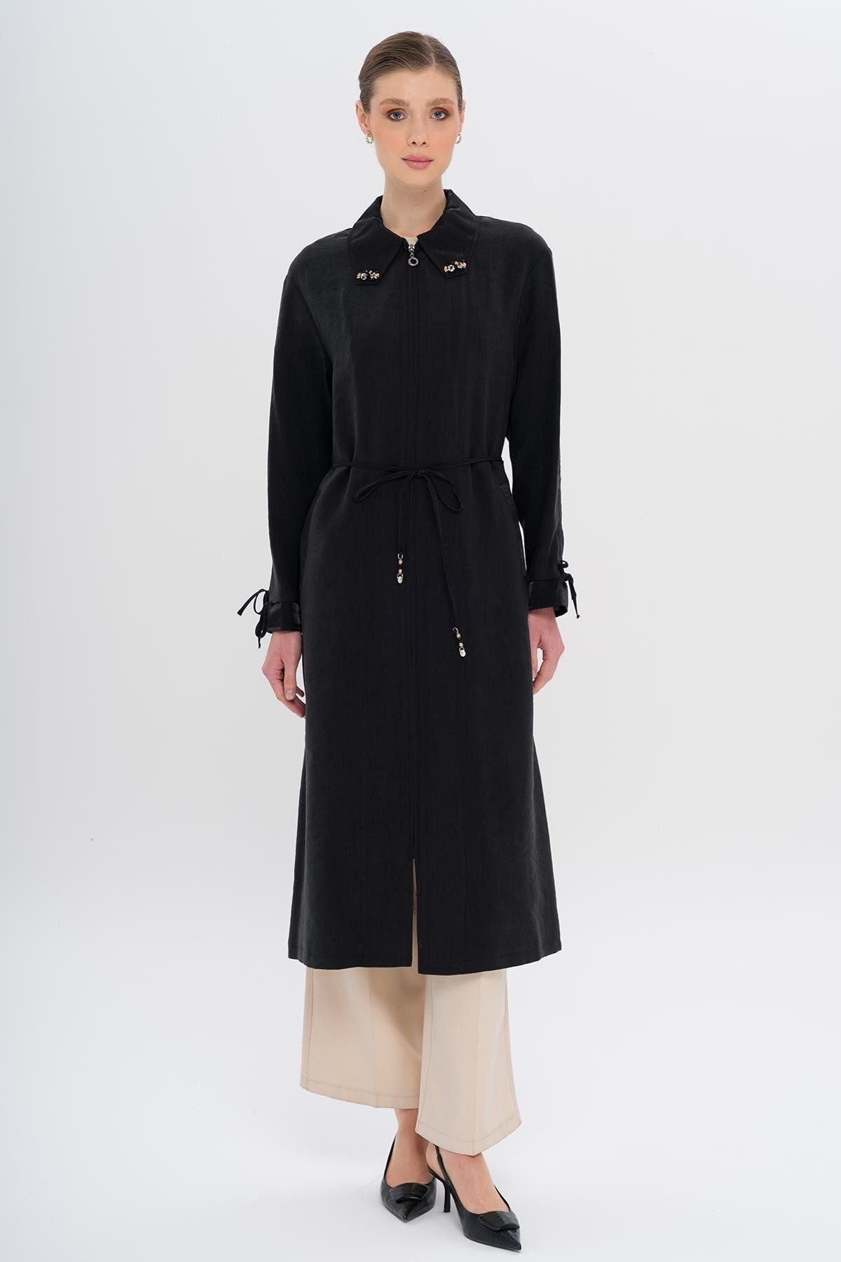 Olcay-Unlined Modal Cap with Beaded Collar and Drawstring Detail Black 6751 1