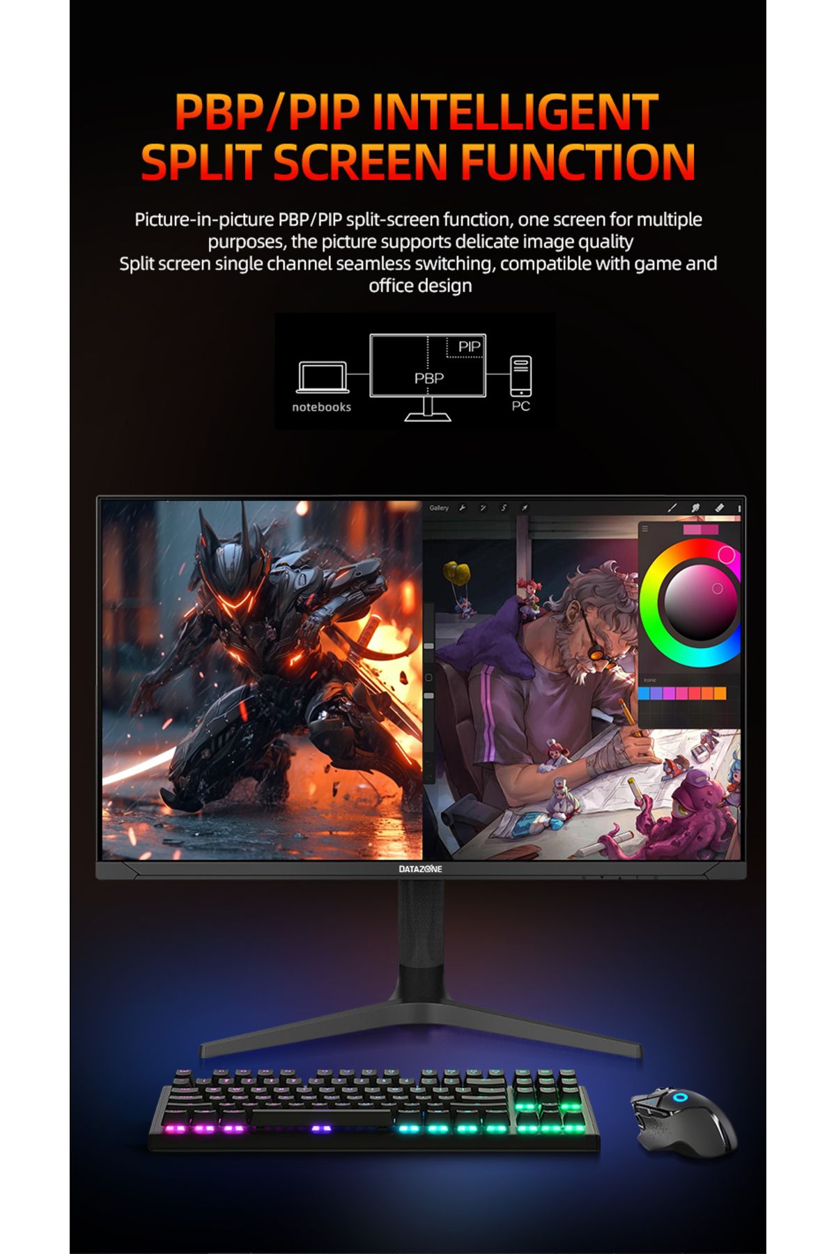 Datazone-27" 2K IPS Gaming Monitor, 165Hz, 1ms, FreeSync, HDR, RGB Backlight, 96% sRGB, Vertical Rotate 8