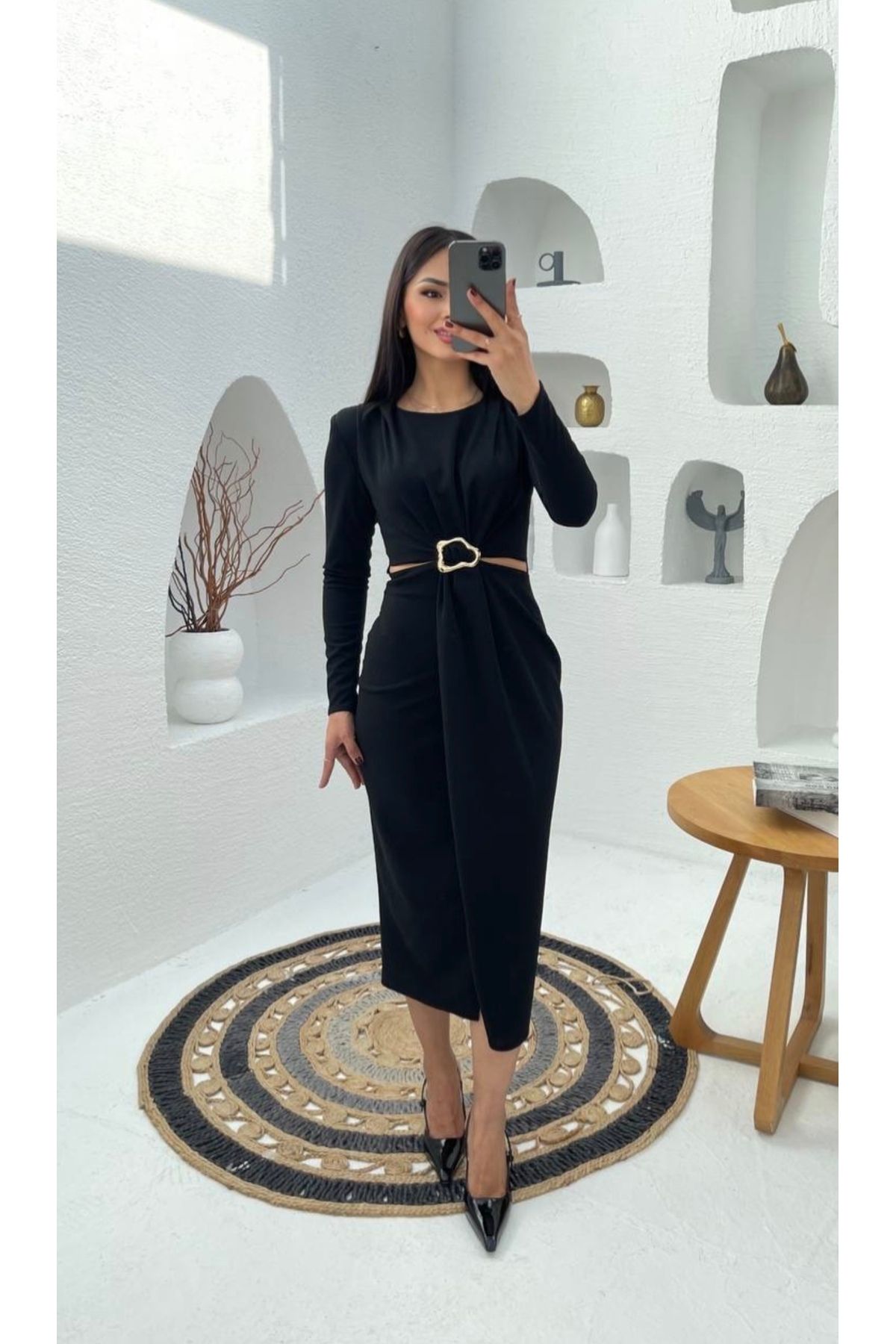 By Hanife Beyazateş KADIN BEL DEKOLTELİ TOKALI MİDİ ELBİSE