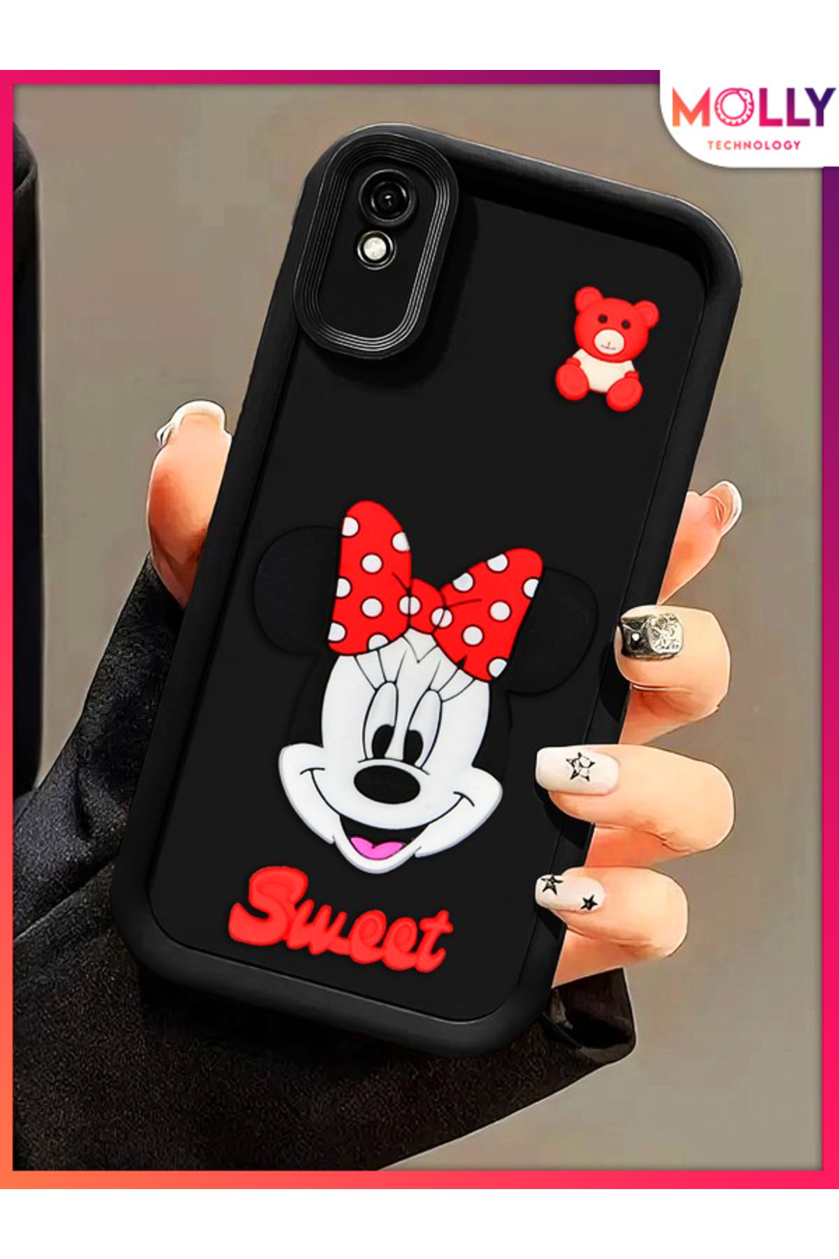 Molly Xiaomi Redmi 9A İçin Siyah Kenarları Kalın 3d Kabartmalı Sevimli Minnie Silikon Kılıf